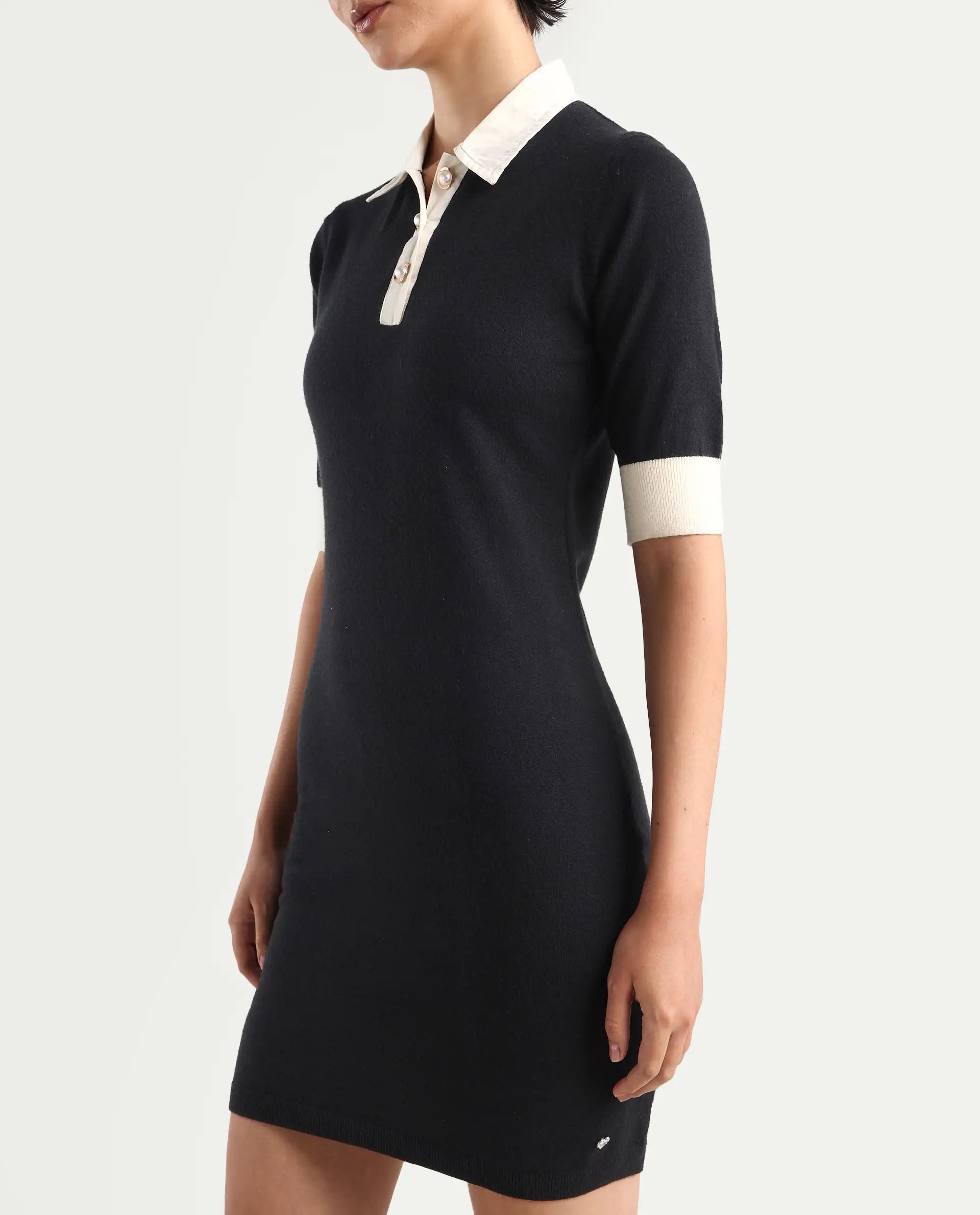 Rareism Women's Nitu Black Nylon Drop Collar Plain Knee Length Bodycon Dress