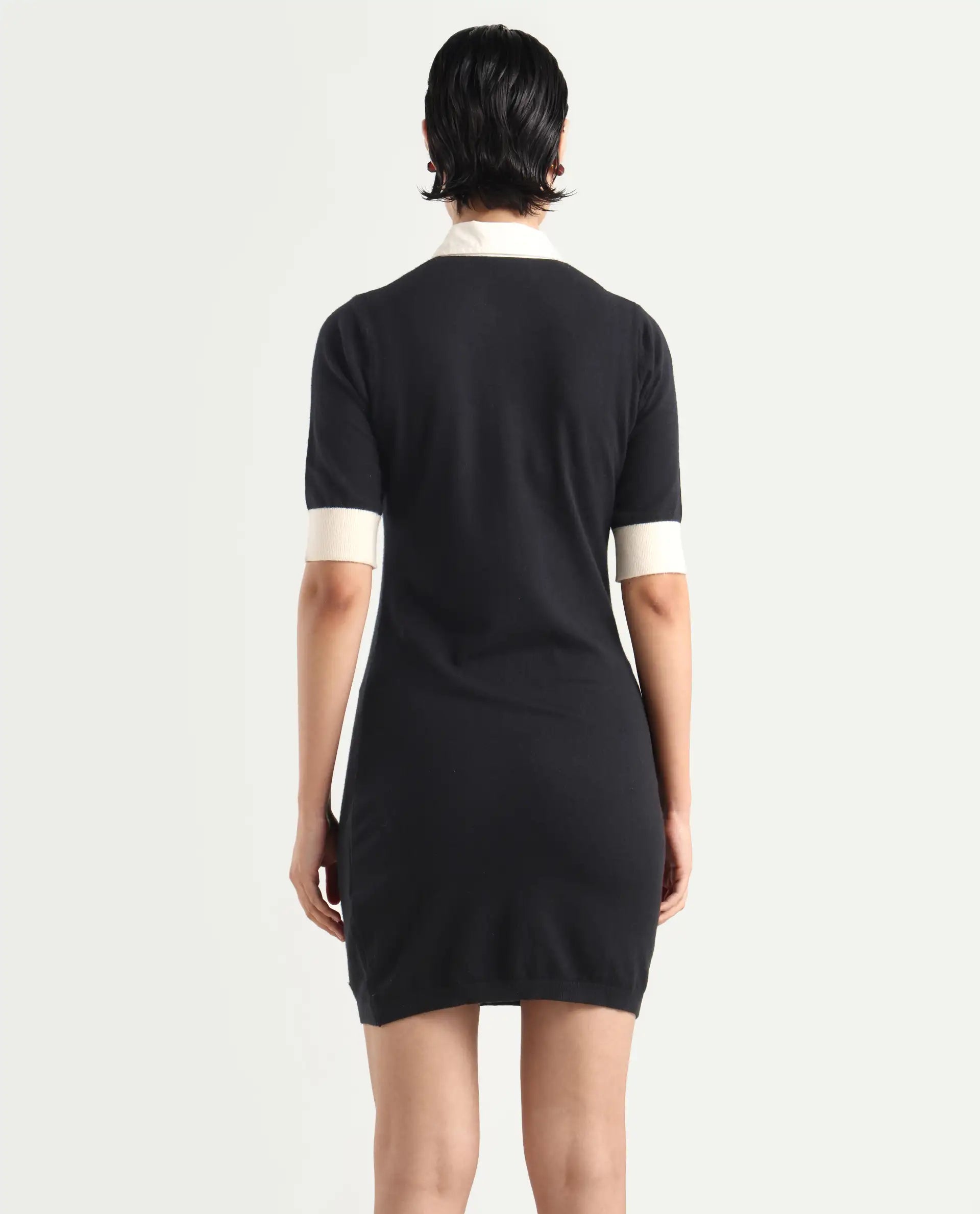 Rareism Women's Nitu Black Nylon Drop Collar Plain Knee Length Bodycon Dress