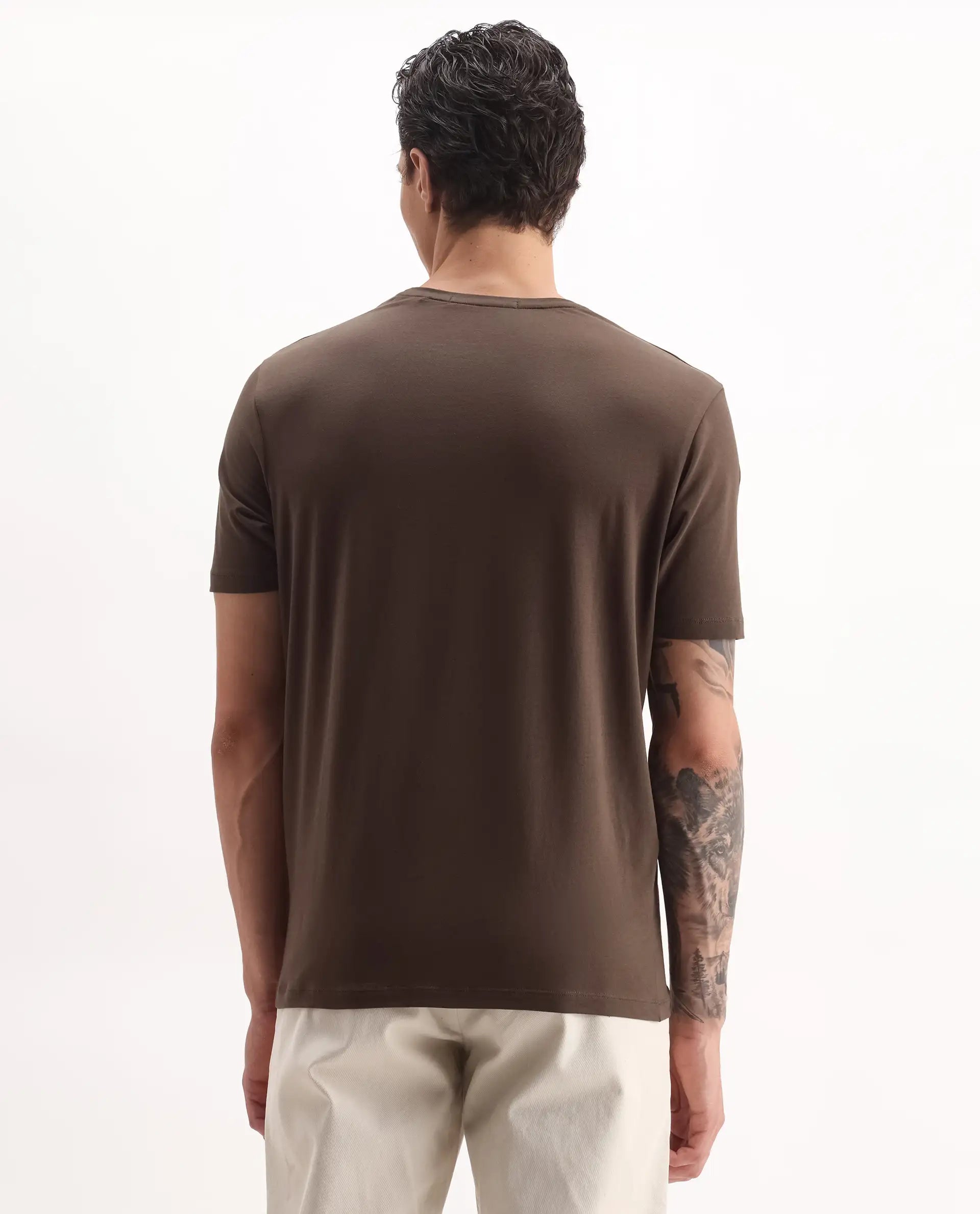 Rare Rabbit Men's Niva Dark Brown Cotton Graphic Print Regular Fit Half Sleeve Crew Neck T-Shirt