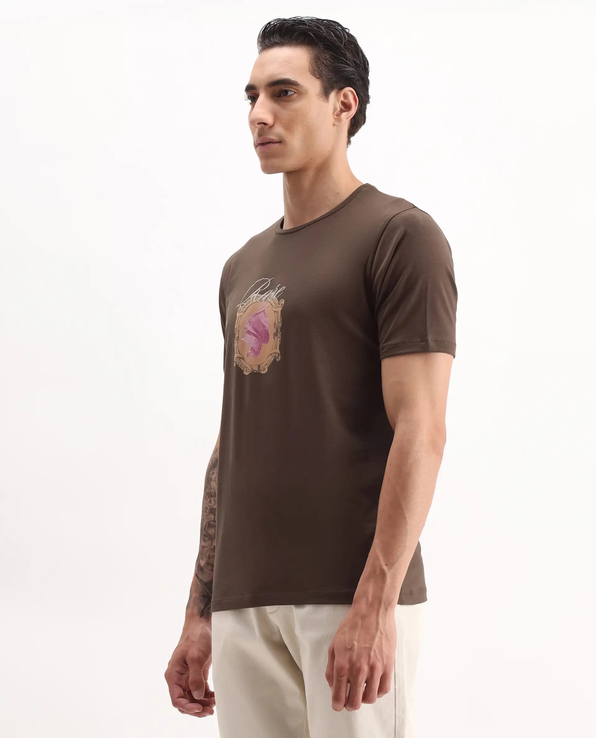 Rare Rabbit Men's Niva Dark Brown Cotton Graphic Print Regular Fit Half Sleeve Crew Neck T-Shirt