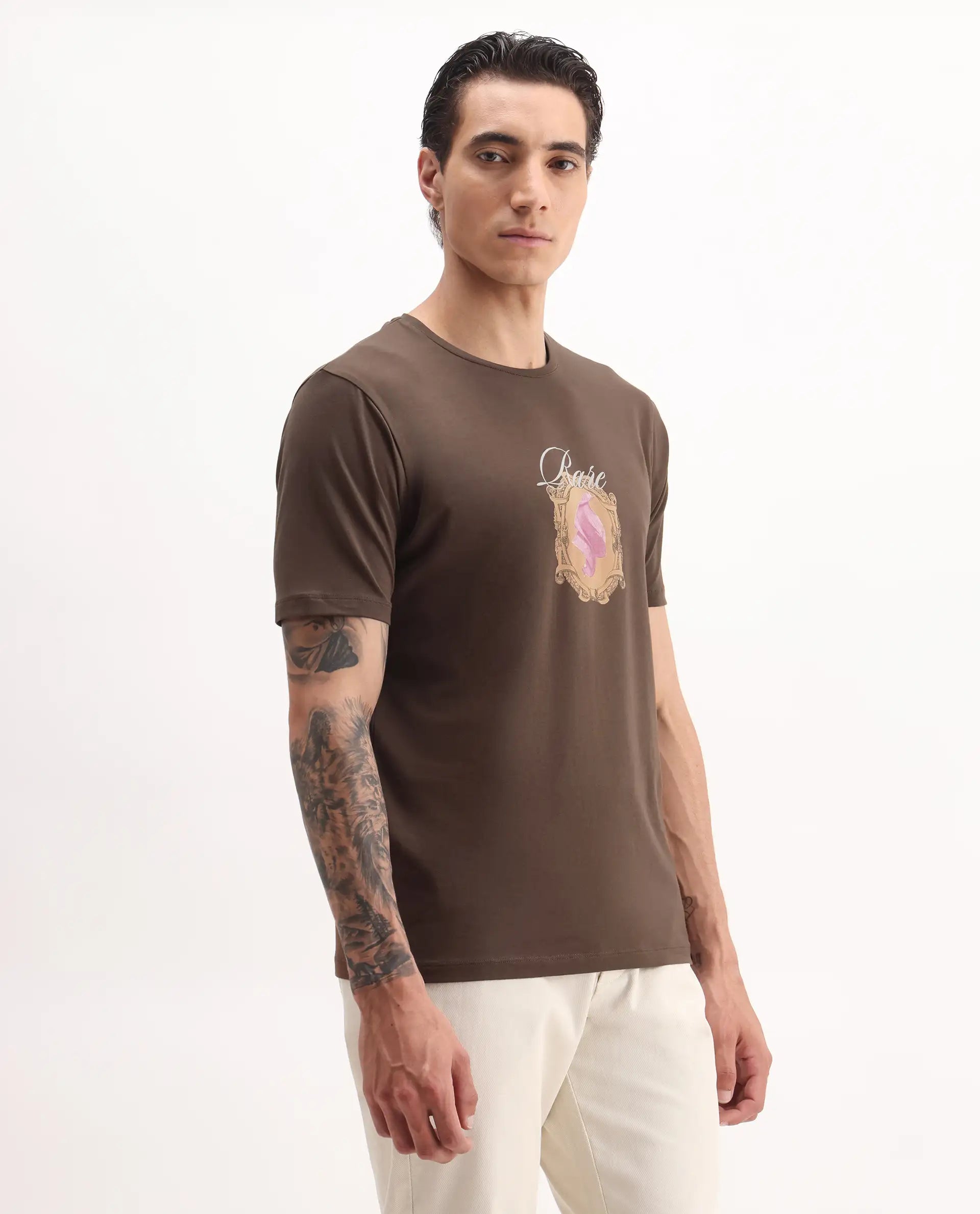 Rare Rabbit Men's Niva Dark Brown Cotton Graphic Print Regular Fit Half Sleeve Crew Neck T-Shirt