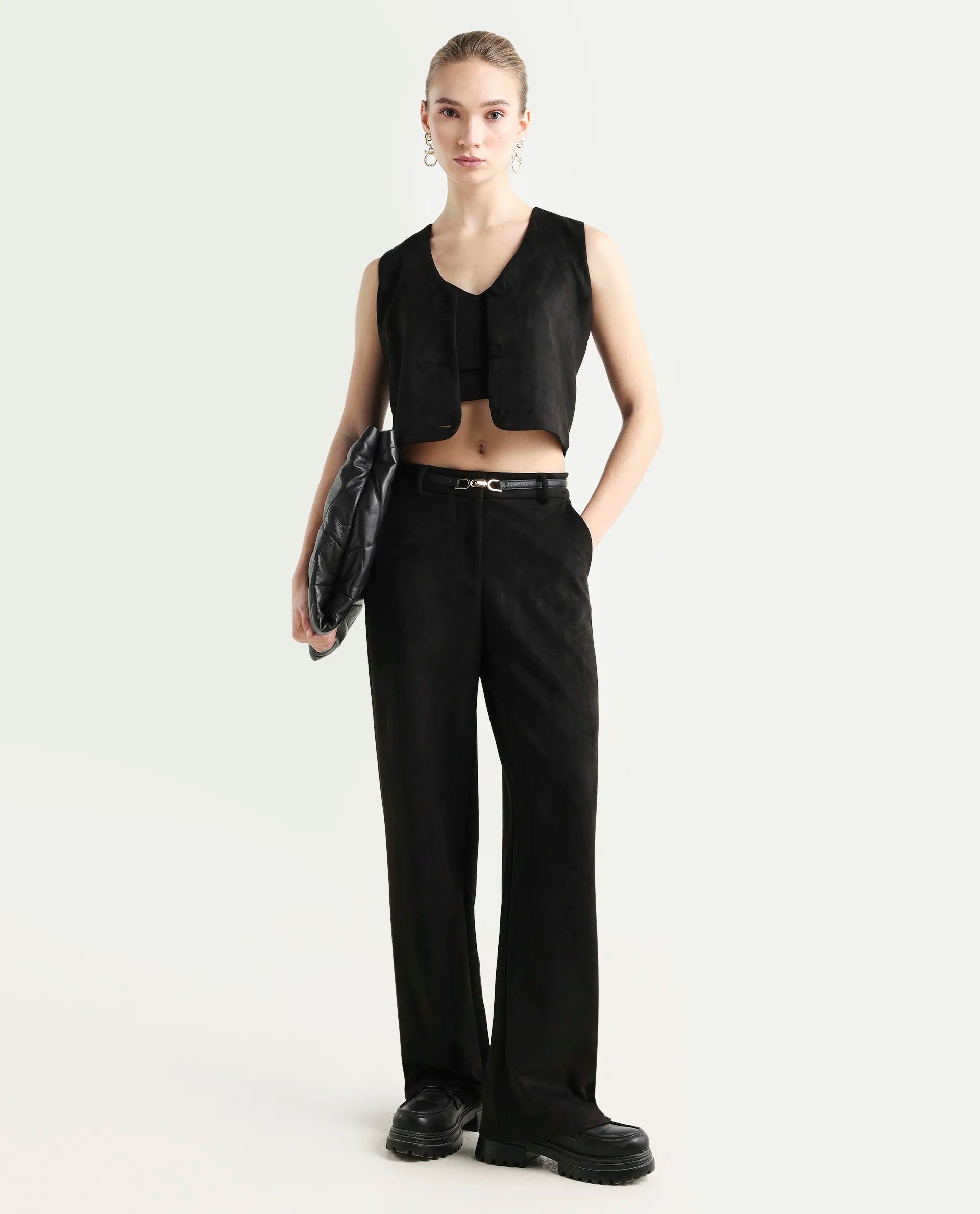 Rareism Women's Niwast-B Black Polyester Blend Straight Fit Travel Trouser