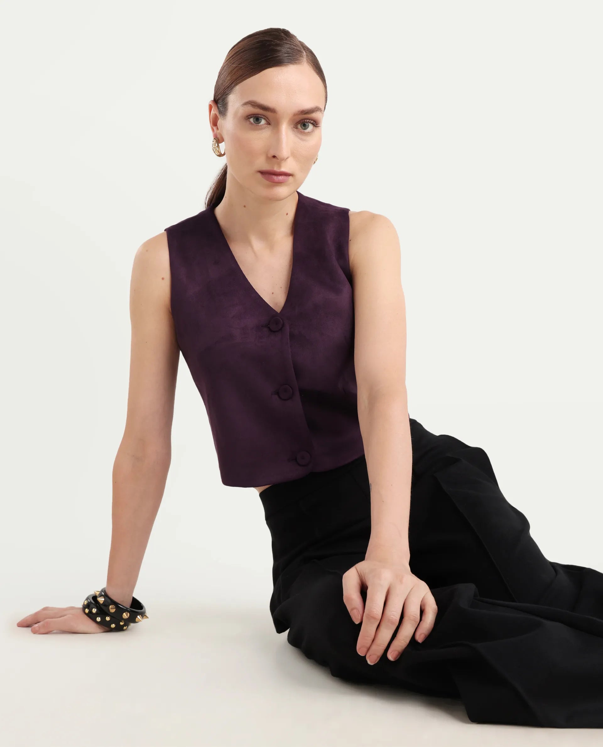 Rareism Women's Niwast-T Purple Polyester Blend V-Neck Regular Fit Waist Coat