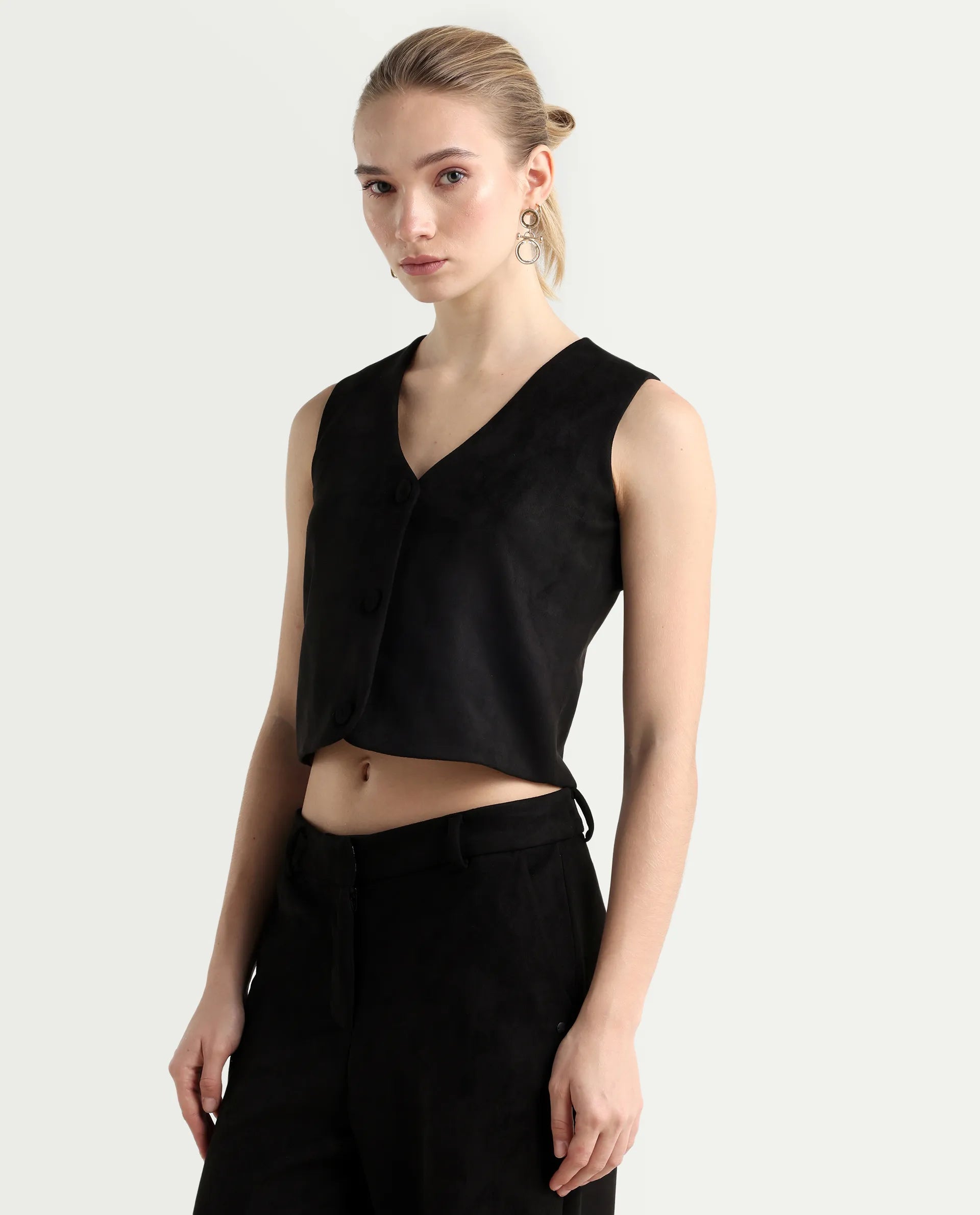 Rareism Women's Niwast-T Black Polyester Blend V-Neck Regular Fit Waist Coat