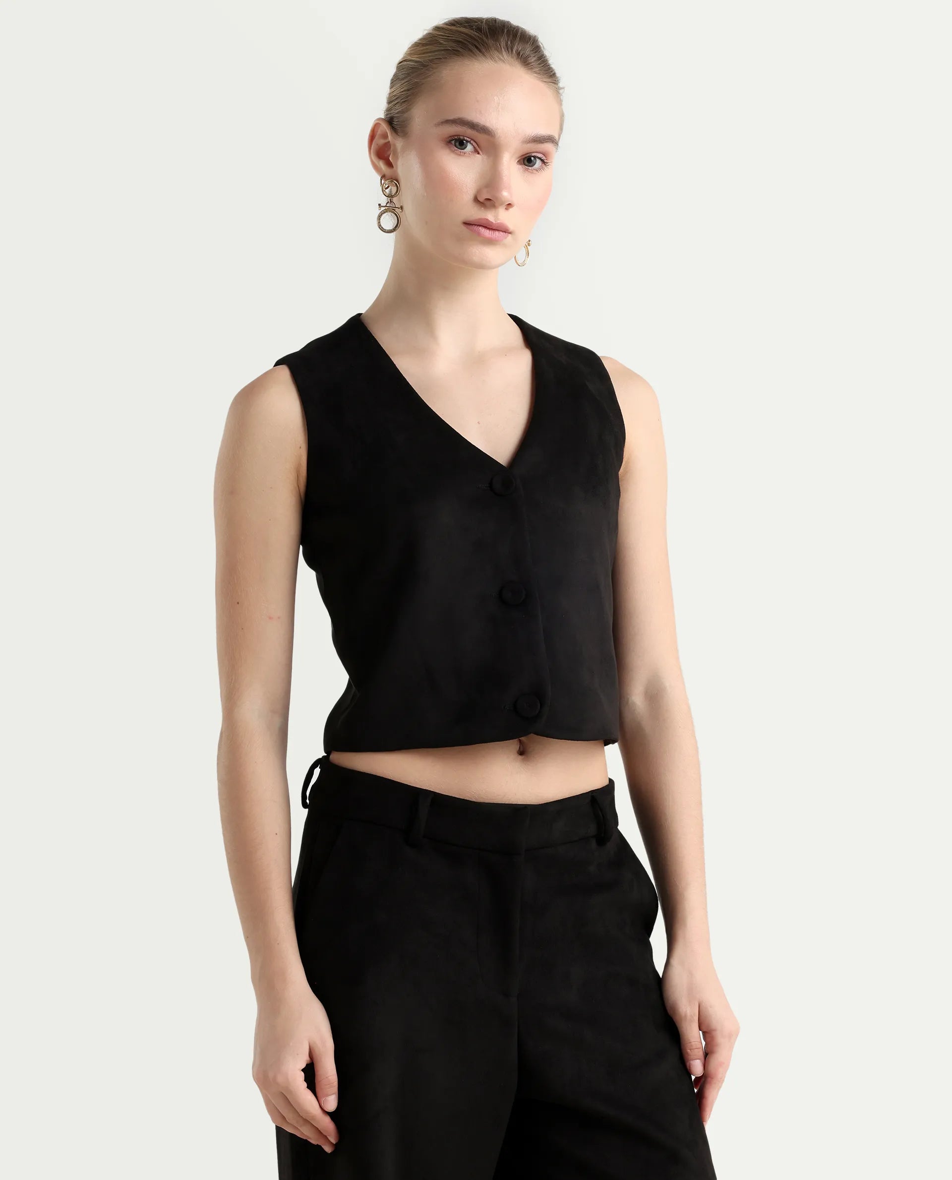 Rareism Women's Niwast-T Black Polyester Blend V-Neck Regular Fit Waist Coat