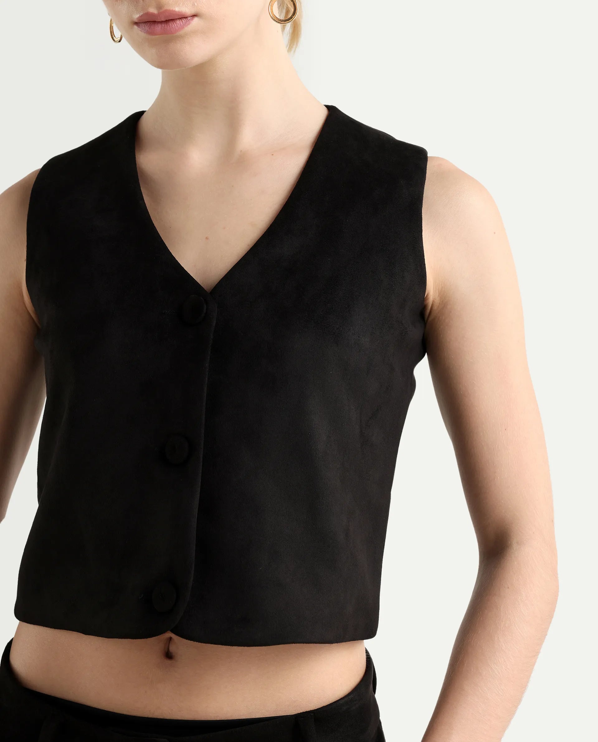 Rareism Women's Niwast-T Black Polyester Blend V-Neck Regular Fit Waist Coat