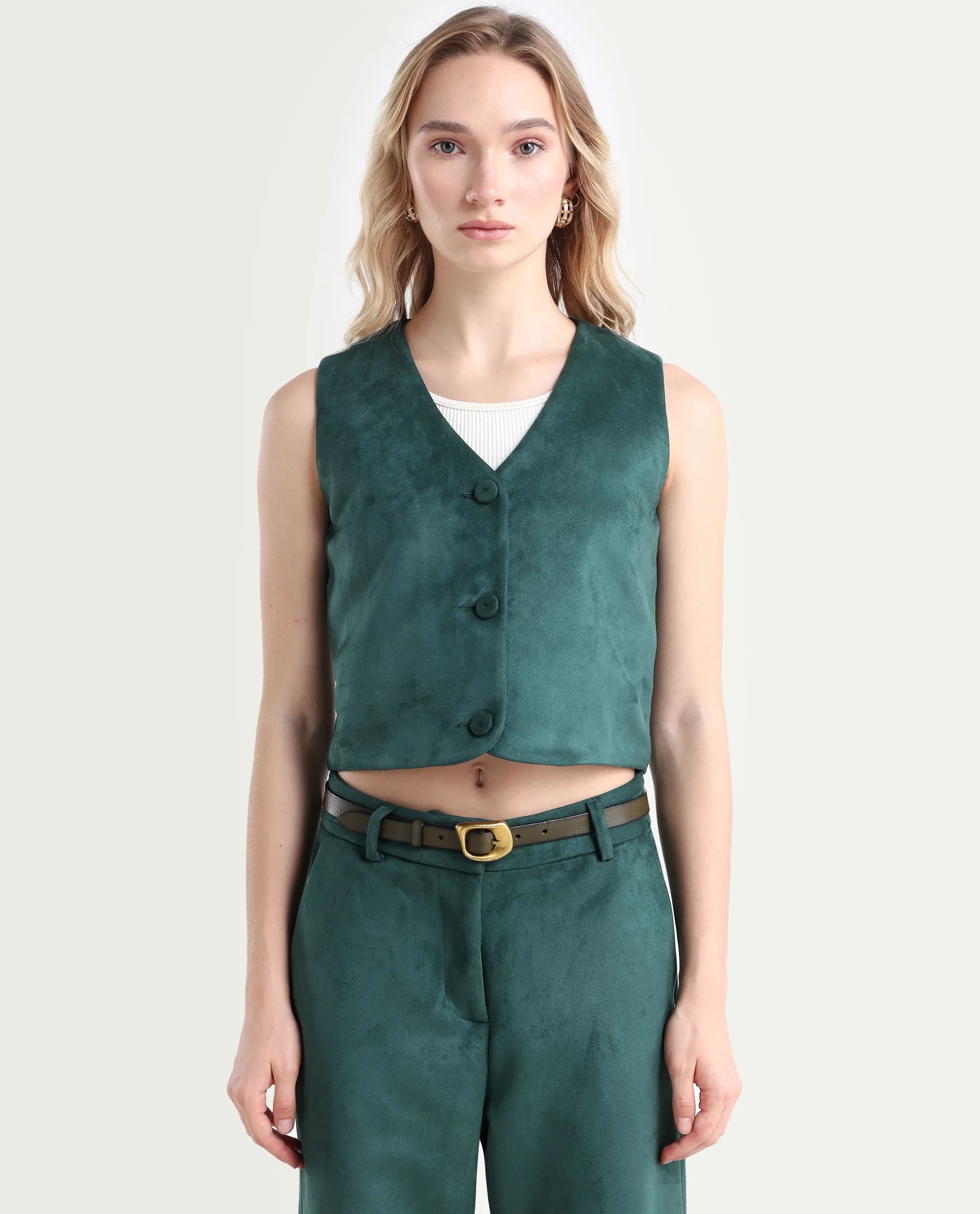 Rareism Women's Niwast-T Green Polyester Blend V-Neck Regular Fit Waist Coat