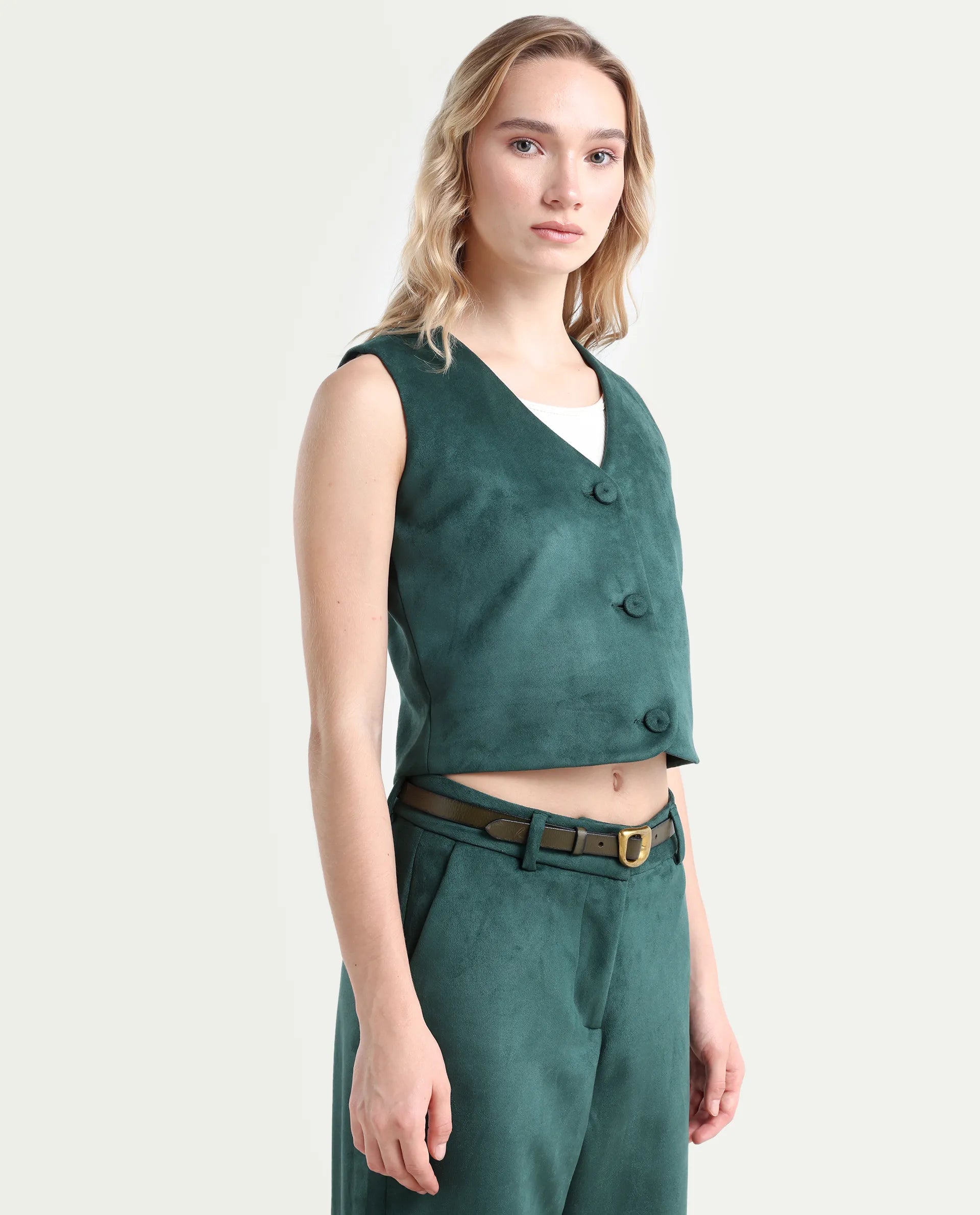 Rareism Women's Niwast-T Green Polyester Blend V-Neck Regular Fit Waist Coat