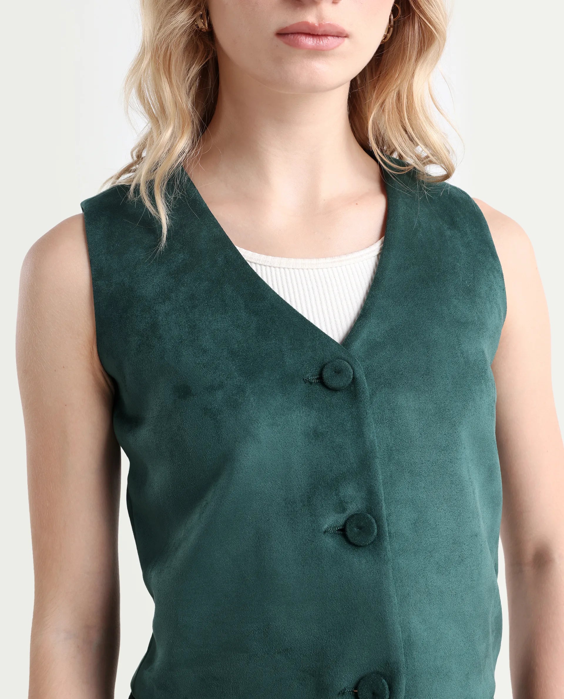 Rareism Women's Niwast-T Green Polyester Blend V-Neck Regular Fit Waist Coat
