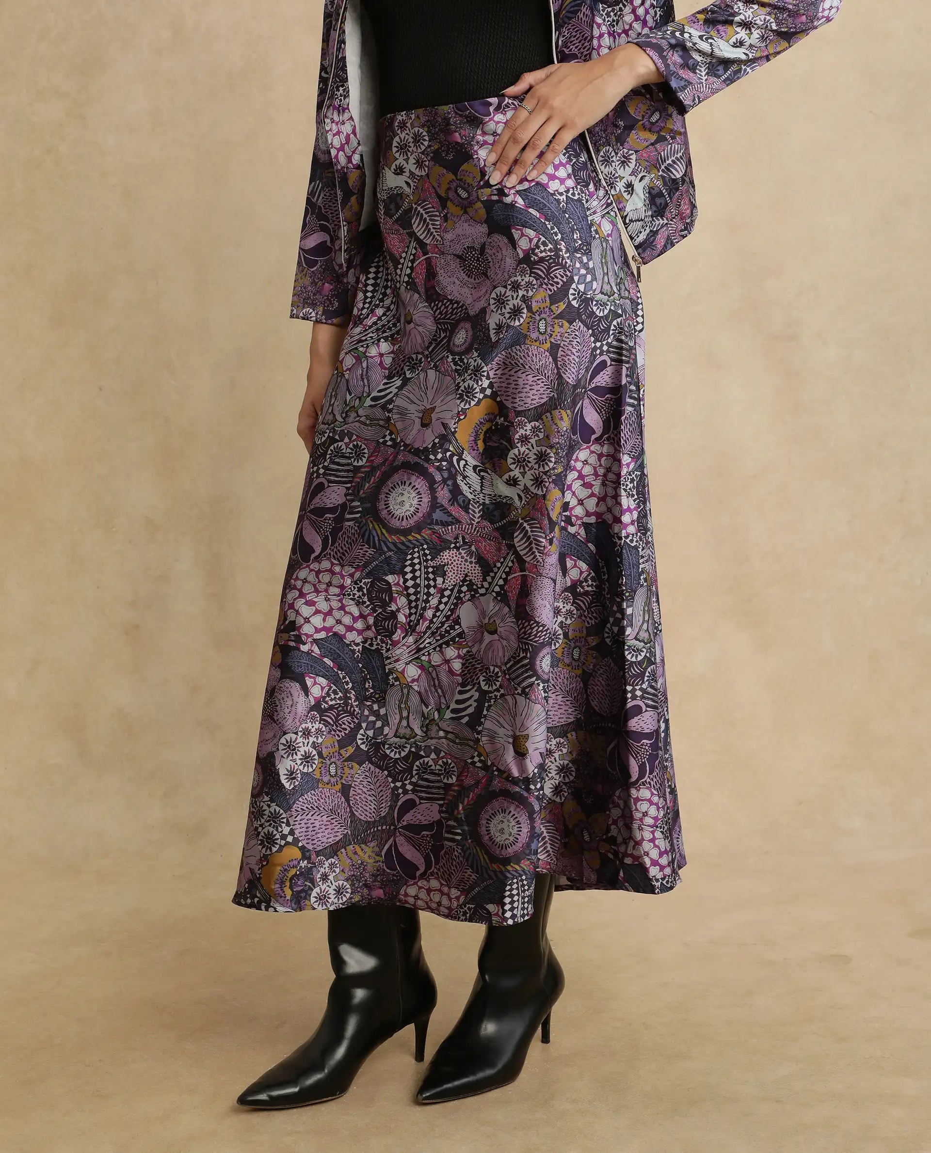 Rareism Women Niyan Multi Satin Ankle Length Abstract Print Skirt