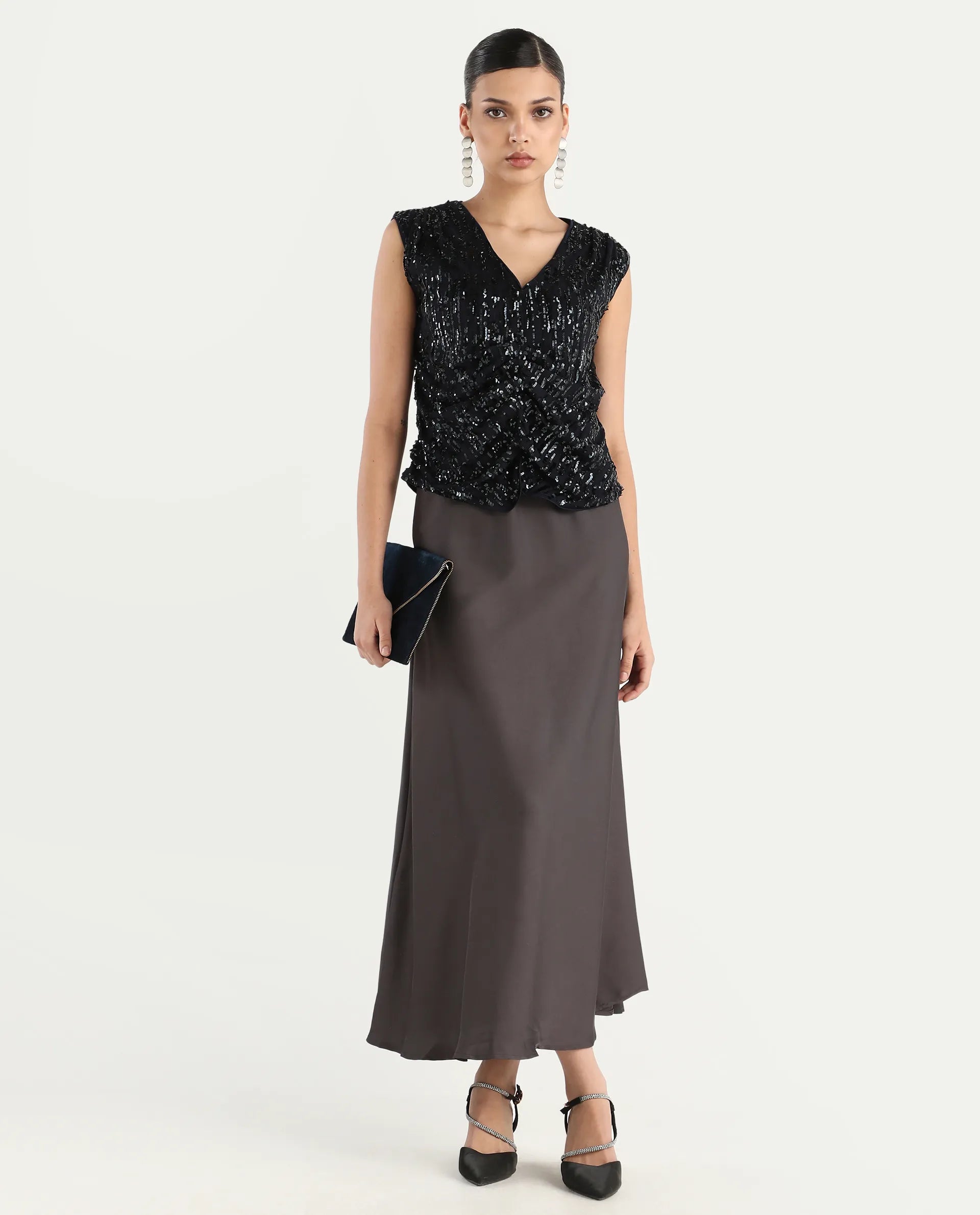 Rareism Women's Niyano Grey Satin Plain Ankle Length Regular Fit Skirt