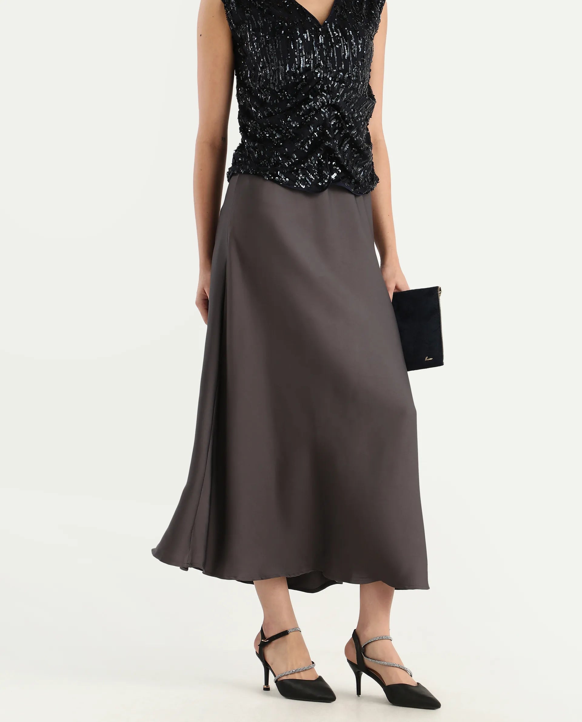 Rareism Women's Niyano Grey Satin Plain Ankle Length Regular Fit Skirt