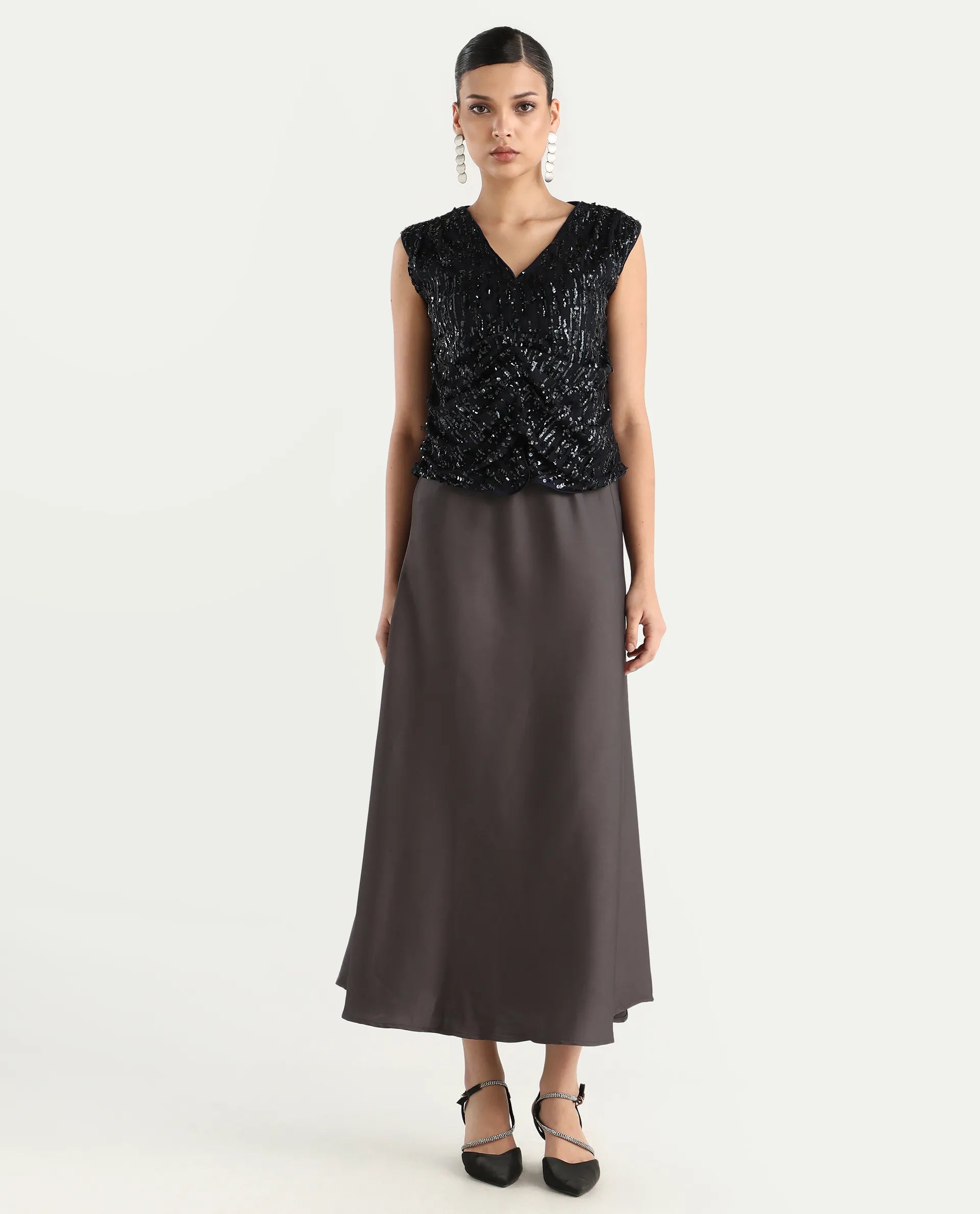 Rareism Women's Niyano Grey Satin Plain Ankle Length Regular Fit Skirt