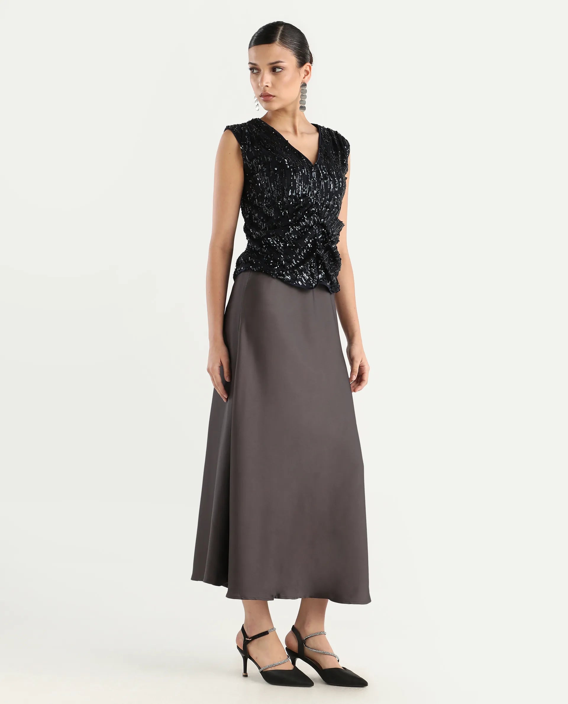 Rareism Women's Niyano Grey Satin Plain Ankle Length Regular Fit Skirt