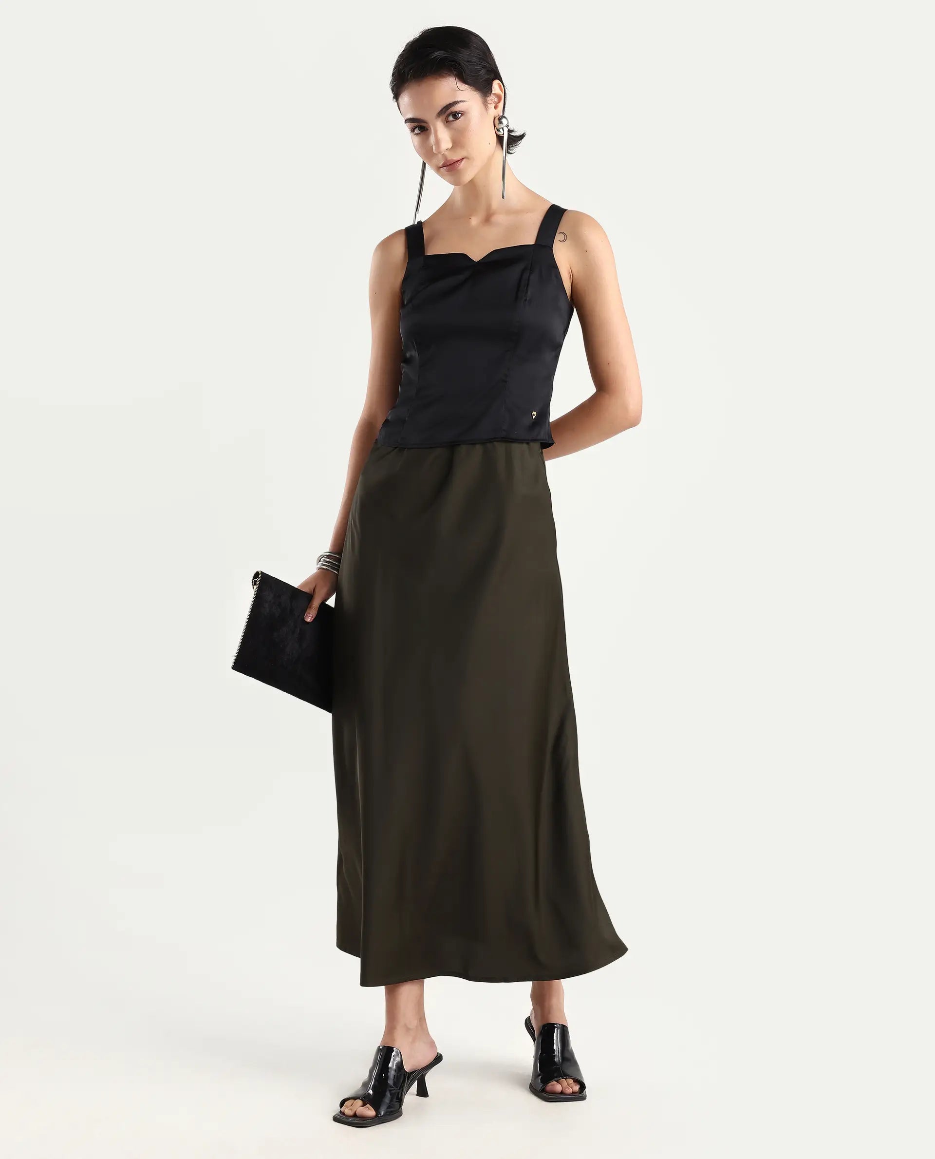 Rareism Women's Niyano Olive Polyester A-Line Skirt