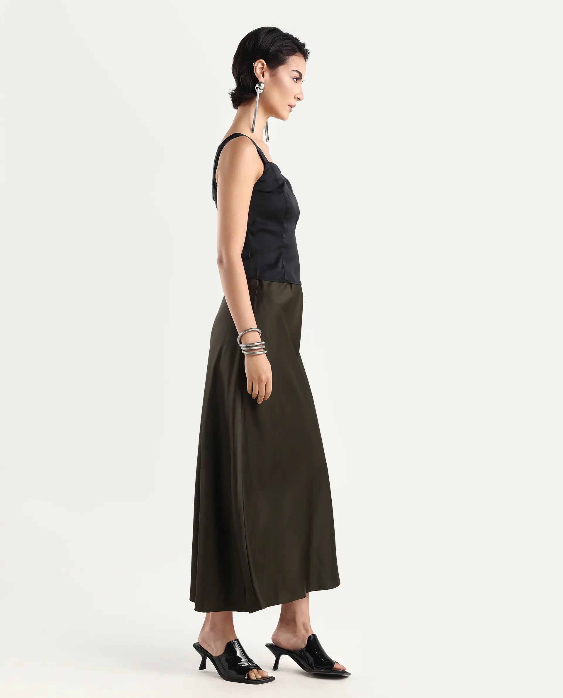 Rareism Women's Niyano Olive Polyester A-Line Skirt