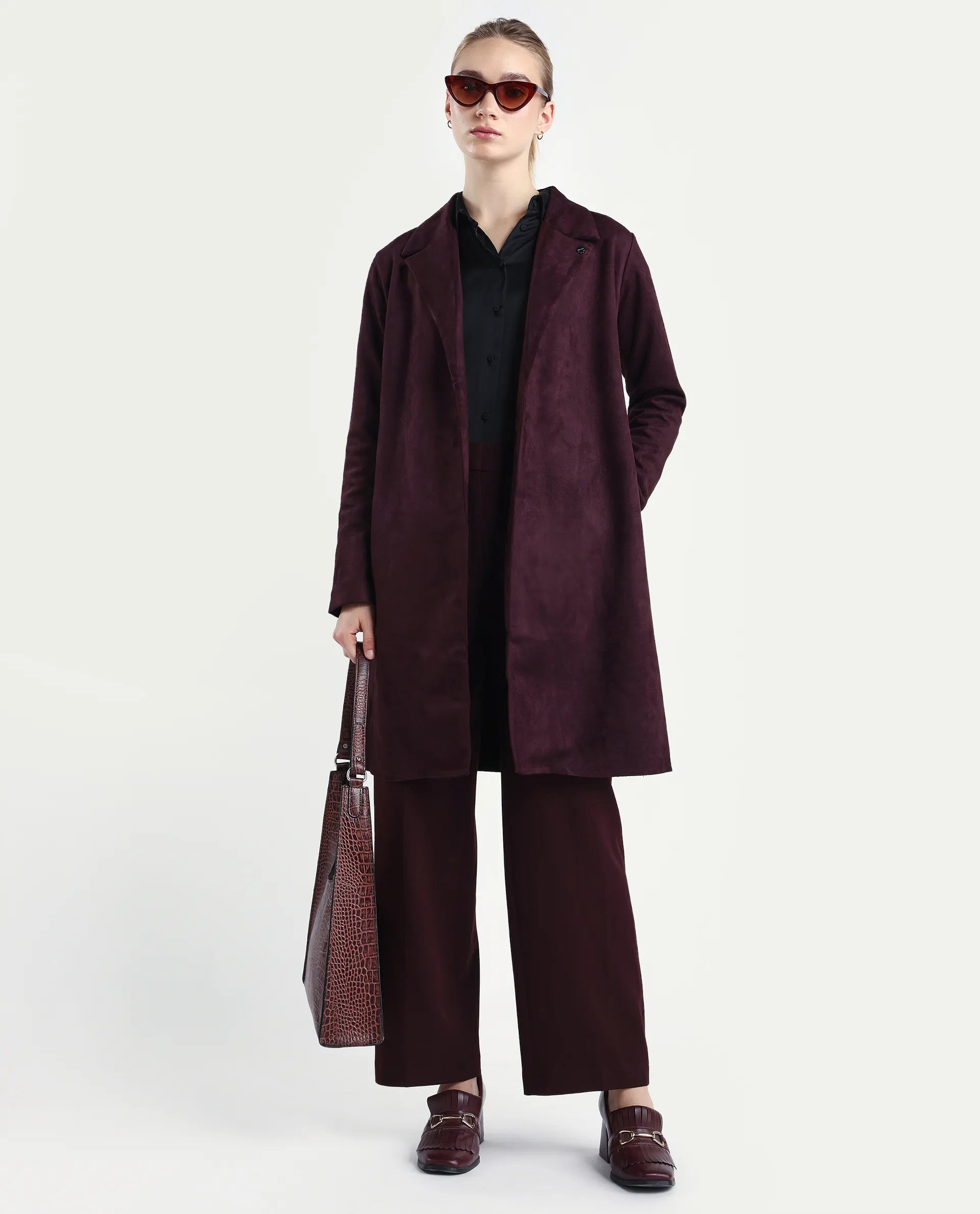 Rareism Women's Nizara Prune Polyester Blend Lapel Neck Regular Fit Coat