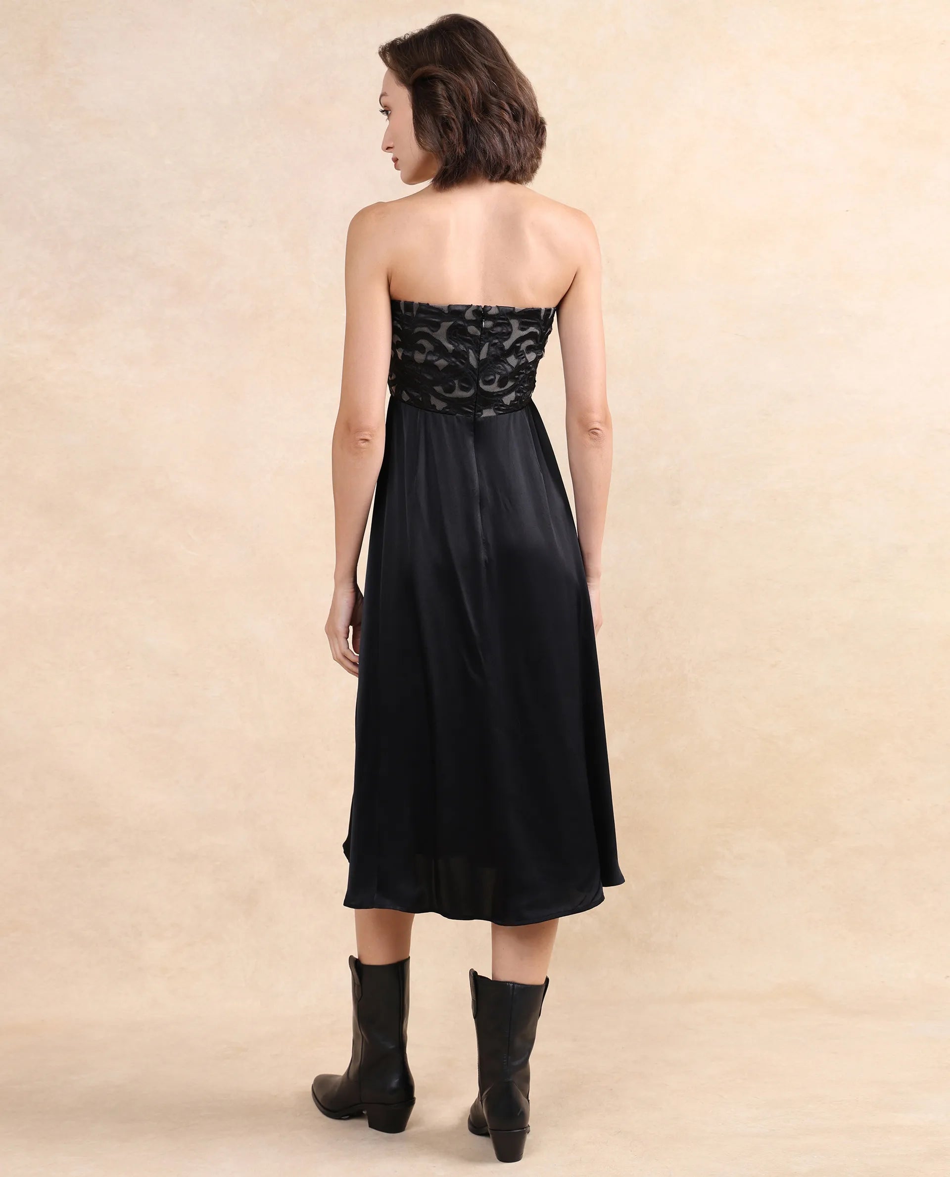 Rareism Women Nizfer Black Satin Sleeveless Tube Neck Zipper Closure Fit And Flare Midi Plain Dress