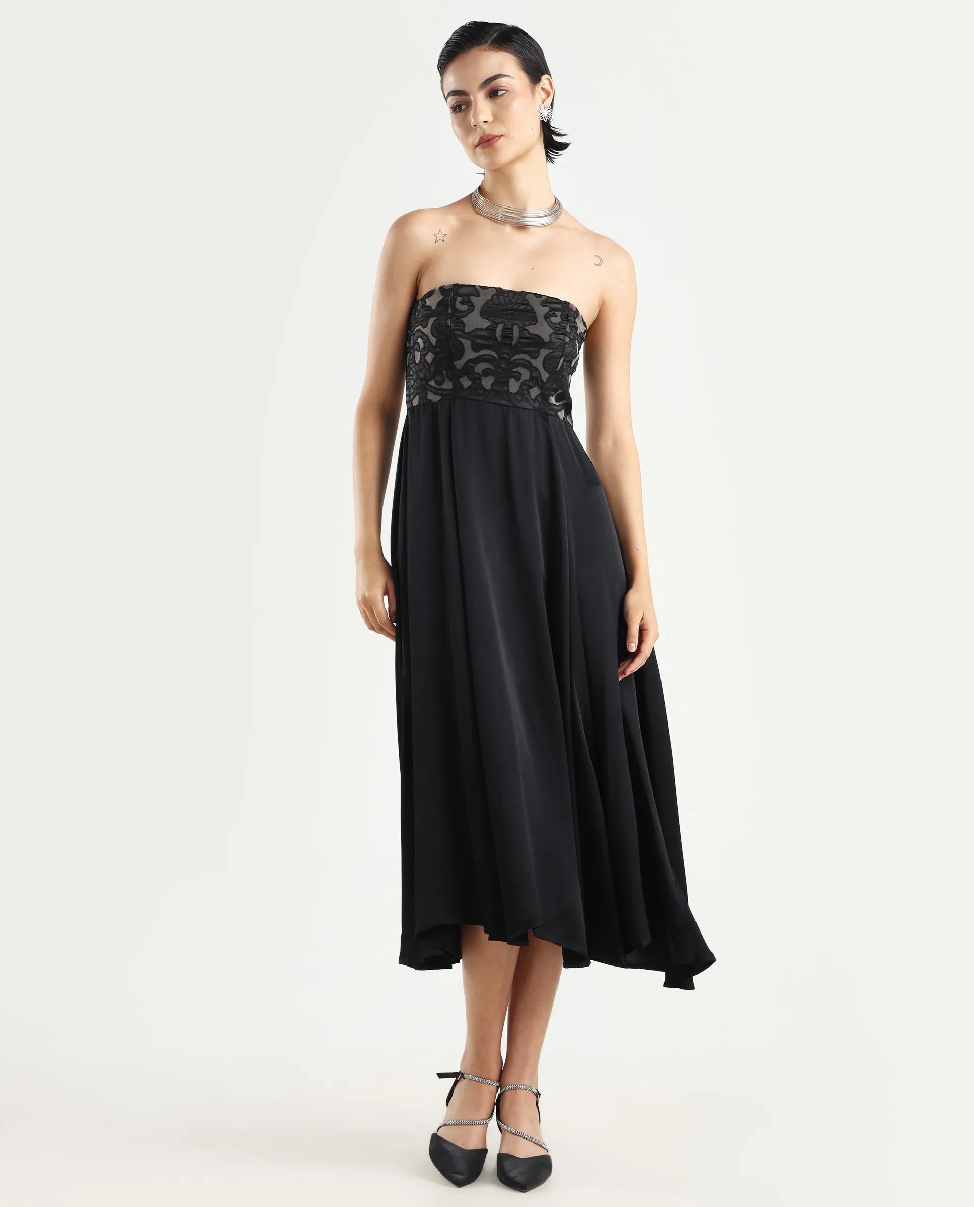 Rareism Women's Nizfer Black Satin Tube Neck Plain Sleeveless Midi Fit And Flare Dress