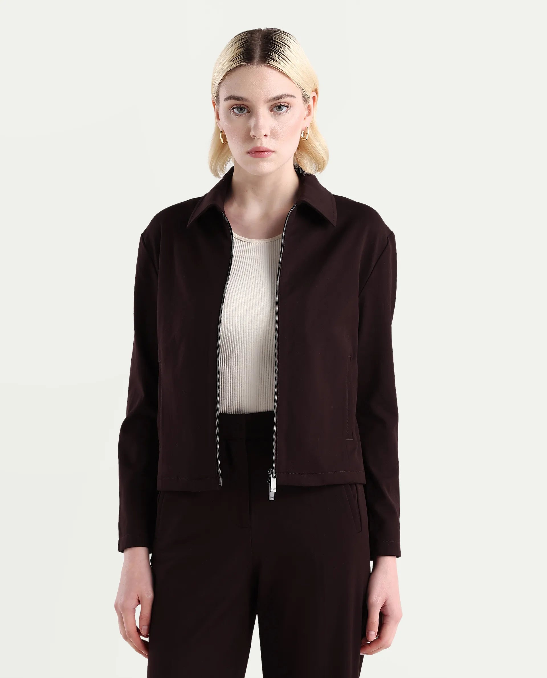Rareism Women's Nizloz Maroon Polyester Blend Spread Collar Regular Plain Jacket
