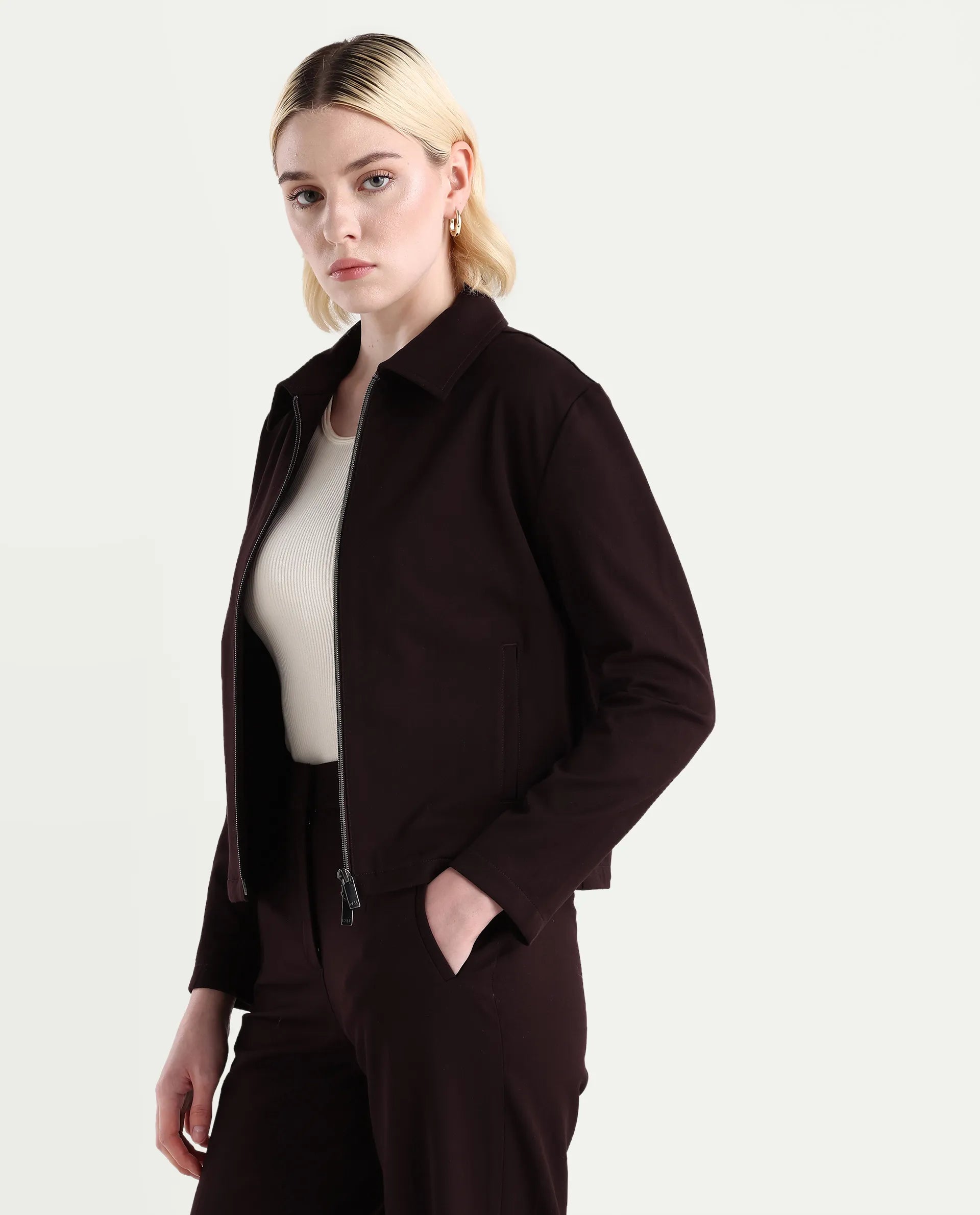 Rareism Women's Nizloz Maroon Polyester Blend Spread Collar Regular Plain Jacket
