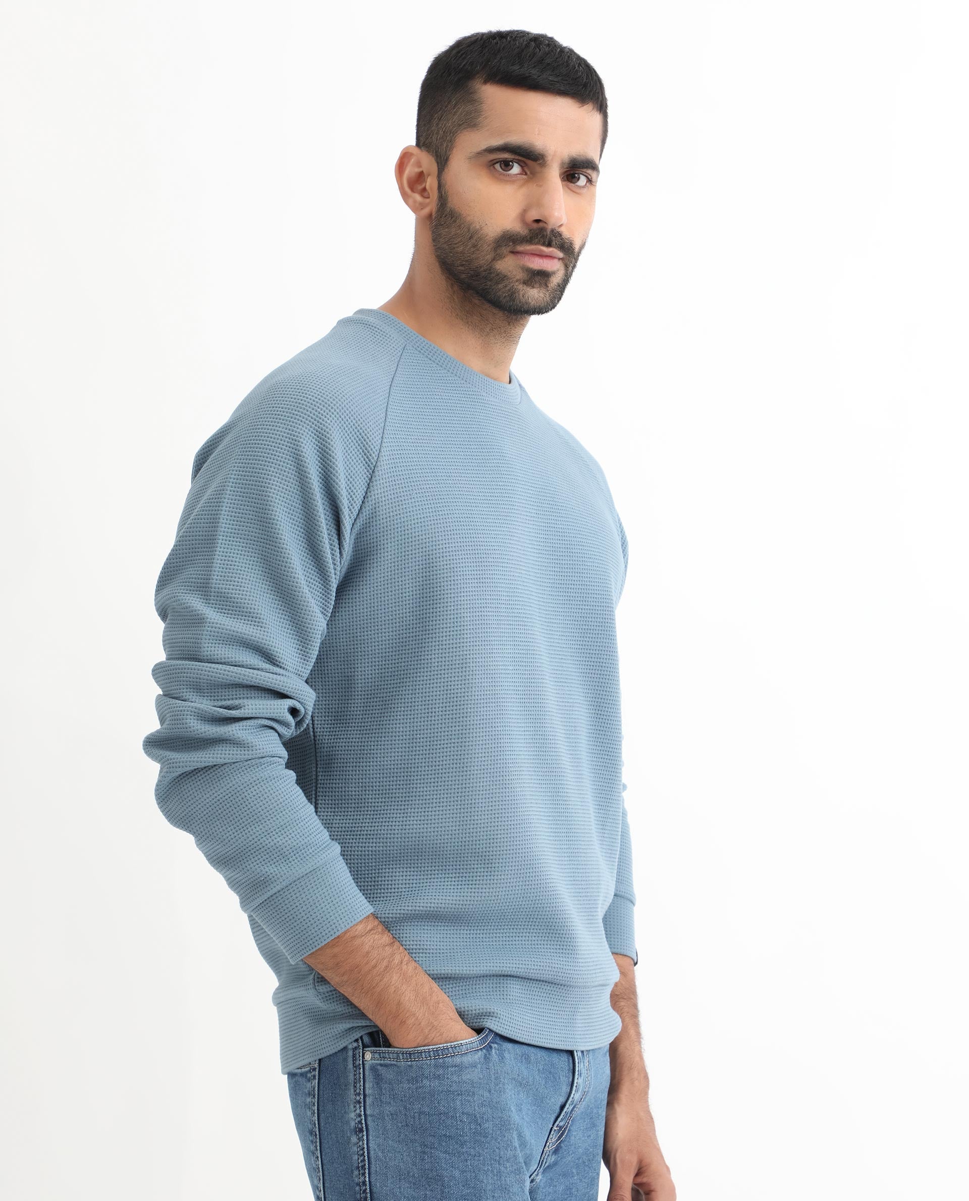 Rare Rabbit Mens Sven Teal Sweatshirt Cotton Polyester Fabric Round Neck Knitted Full Sleeves Comfortable Fit