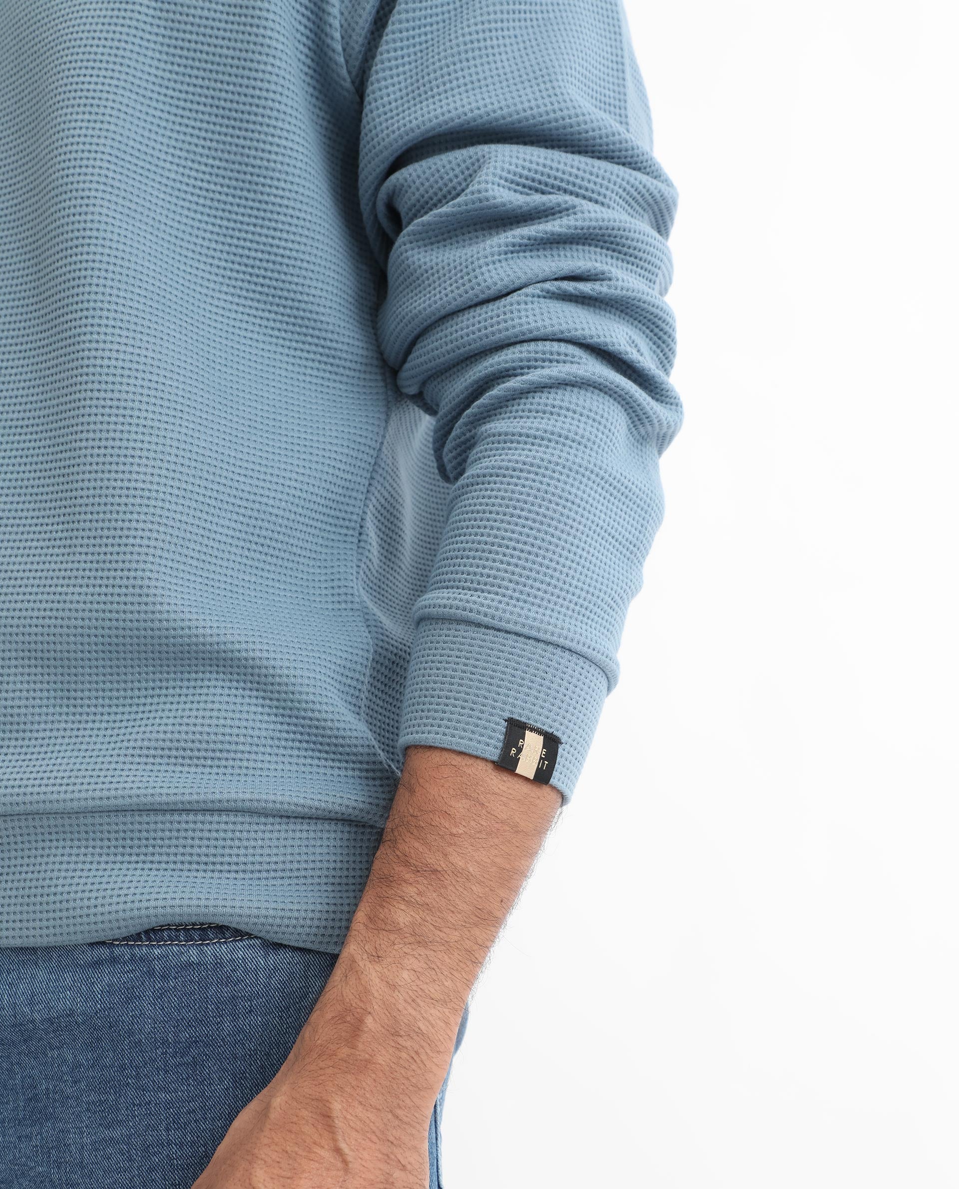 Rare Rabbit Mens Sven Teal Sweatshirt Cotton Polyester Fabric Round Neck Knitted Full Sleeves Comfortable Fit