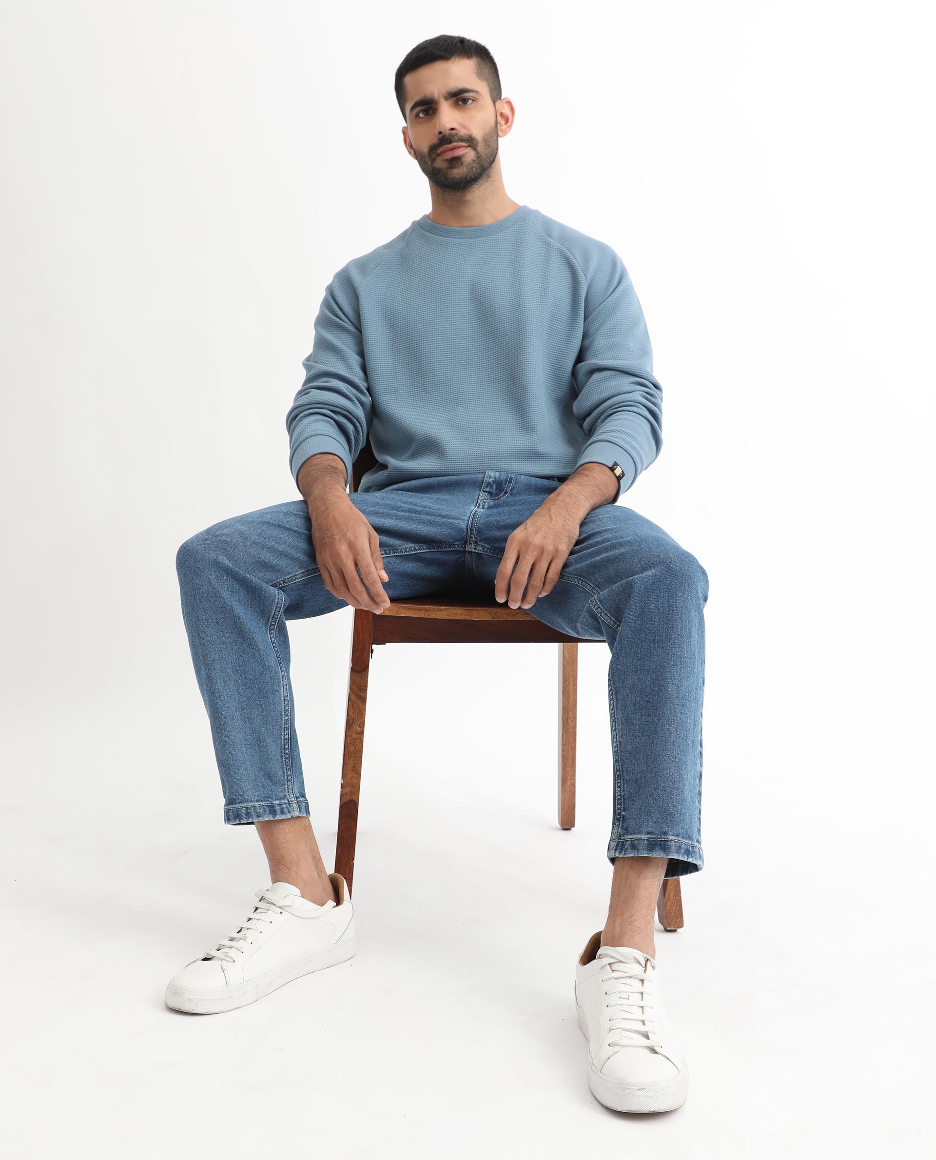 Rare Rabbit Mens Sven Teal Sweatshirt Cotton Polyester Fabric Round Neck Knitted Full Sleeves Comfortable Fit