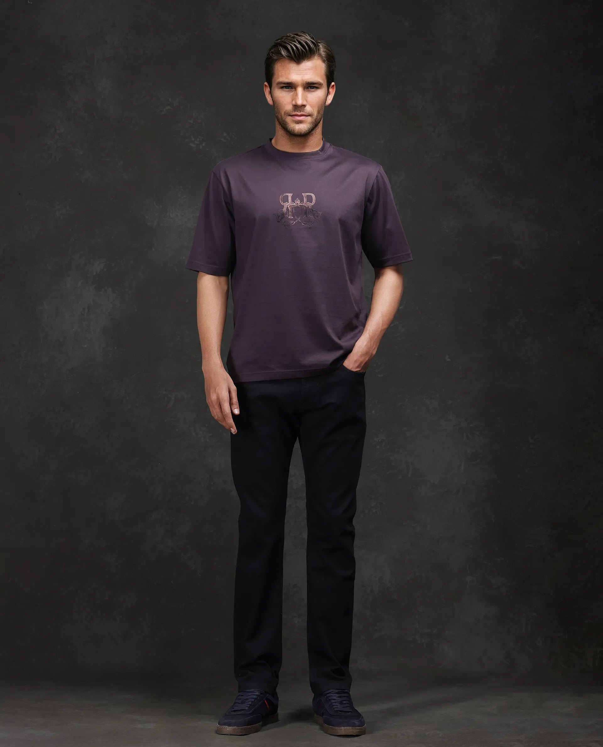 Rare Rabbit Men Noah Dark Purple Cotton Fabric Short Sleeve Crew Neck Printed T-Shirt