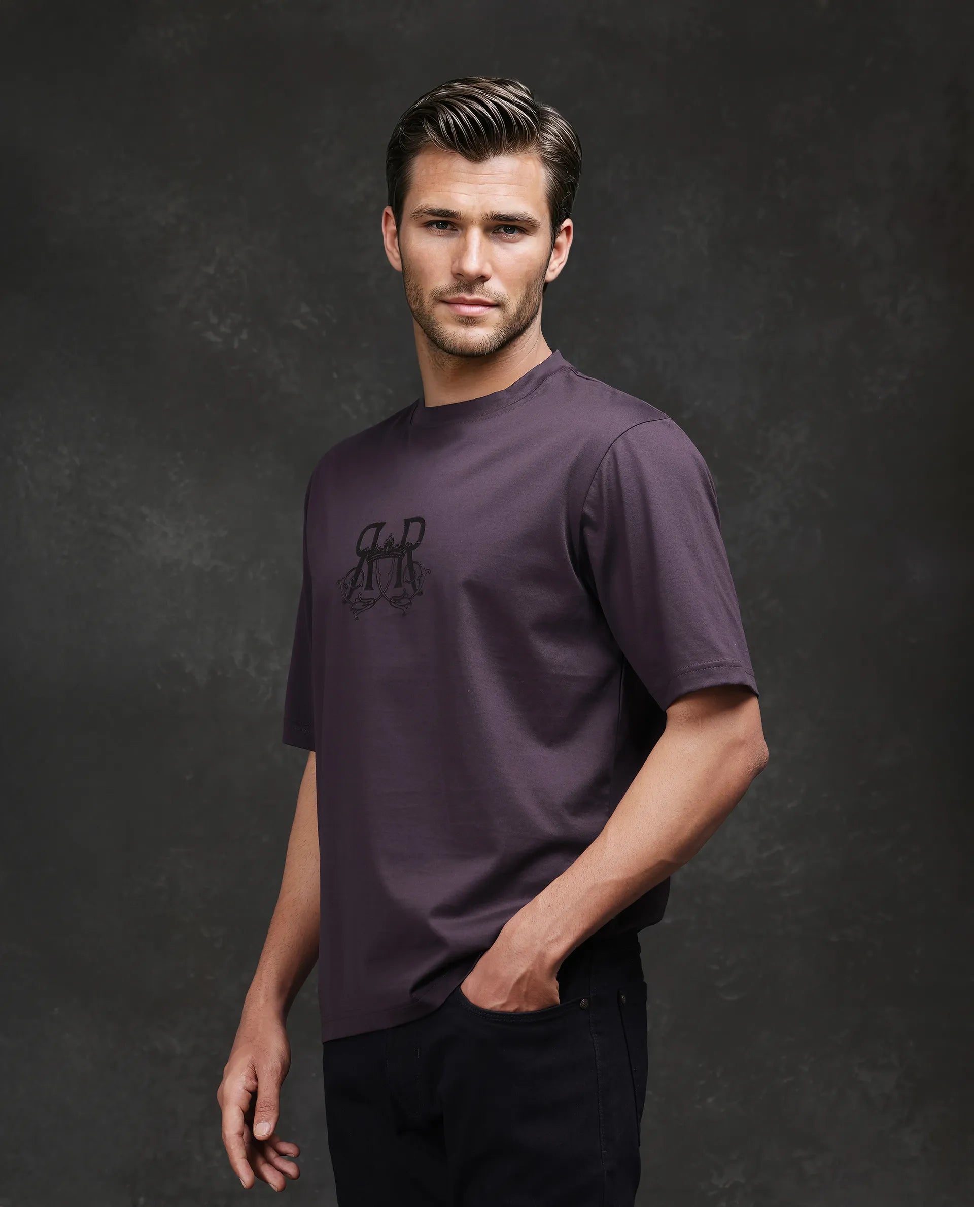 Rare Rabbit Men Noah Dark Purple Cotton Fabric Short Sleeve Crew Neck Printed T-Shirt