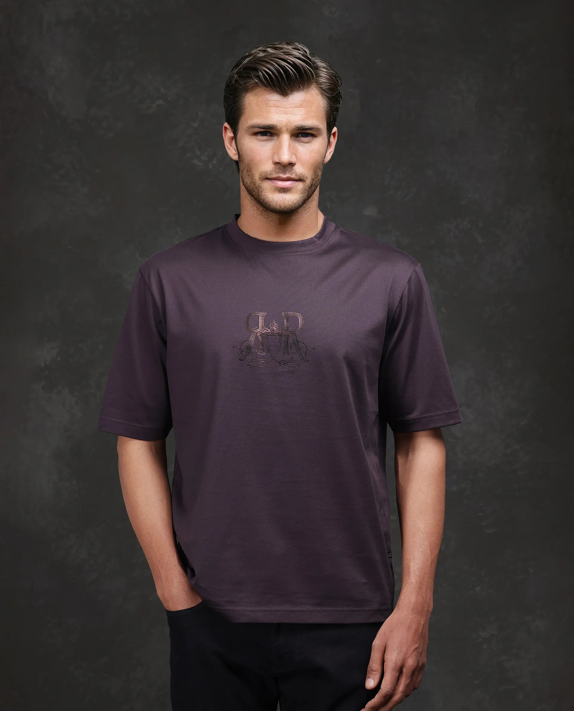 Rare Rabbit Men Noah Dark Purple Cotton Fabric Short Sleeve Crew Neck Printed T-Shirt