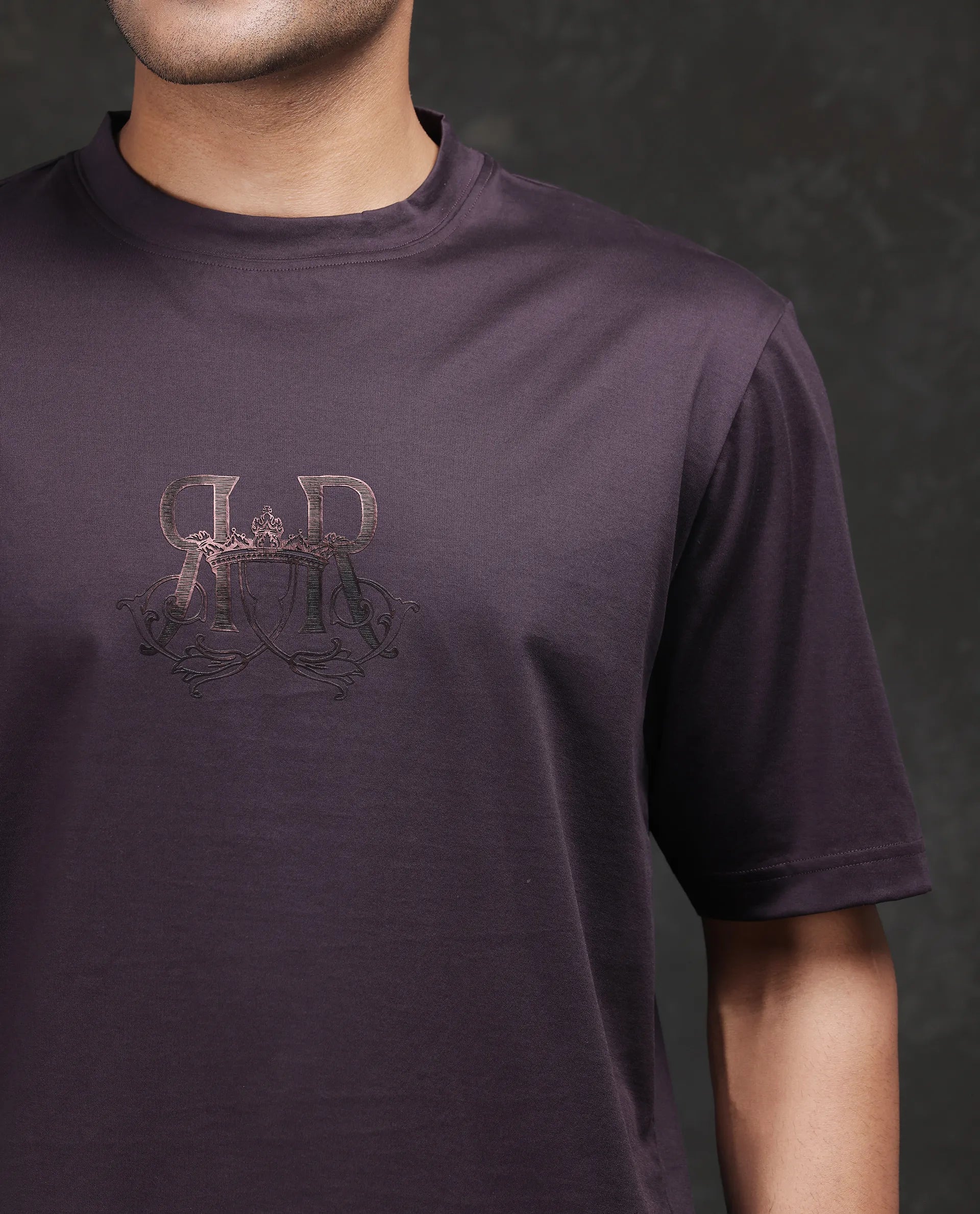 Rare Rabbit Men Noah Dark Purple Cotton Fabric Short Sleeve Crew Neck Printed T-Shirt