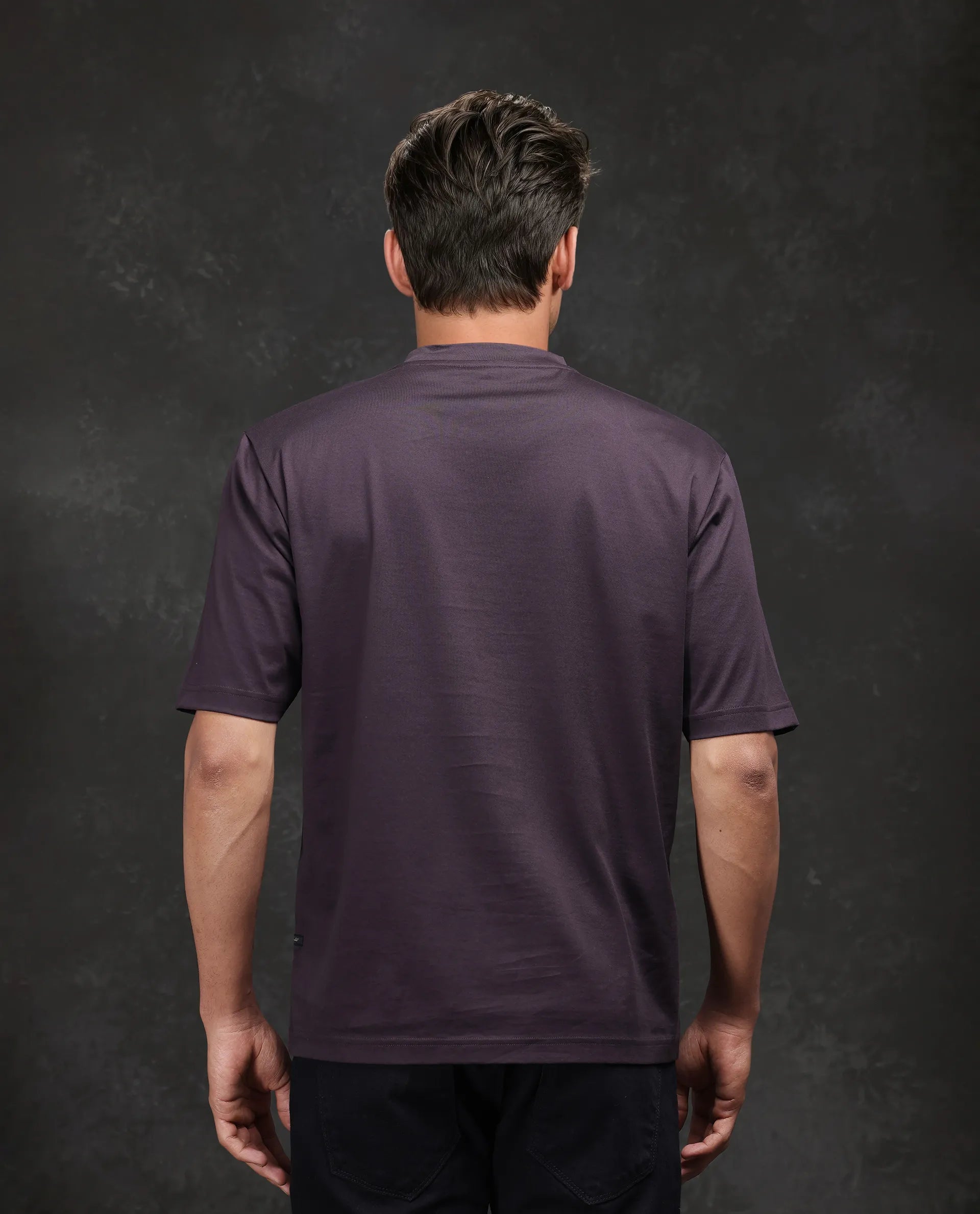 Rare Rabbit Men Noah Dark Purple Cotton Fabric Short Sleeve Crew Neck Printed T-Shirt