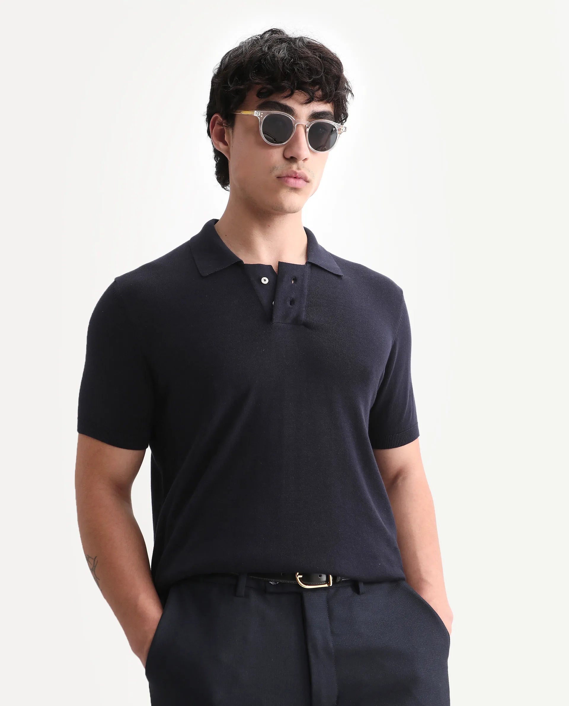 Rare Rabbit Men's Noah Navy Cotton Plain Slim Fit Half Sleeve Polo