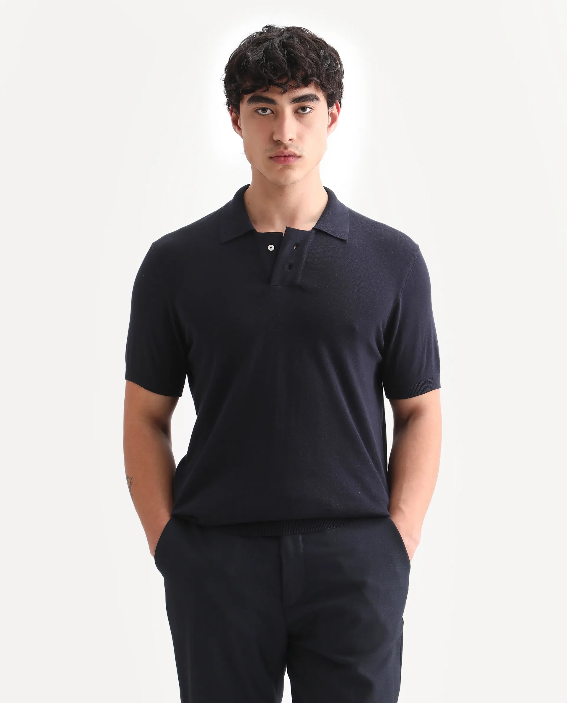 Rare Rabbit Men's Noah Navy Cotton Plain Slim Fit Half Sleeve Polo