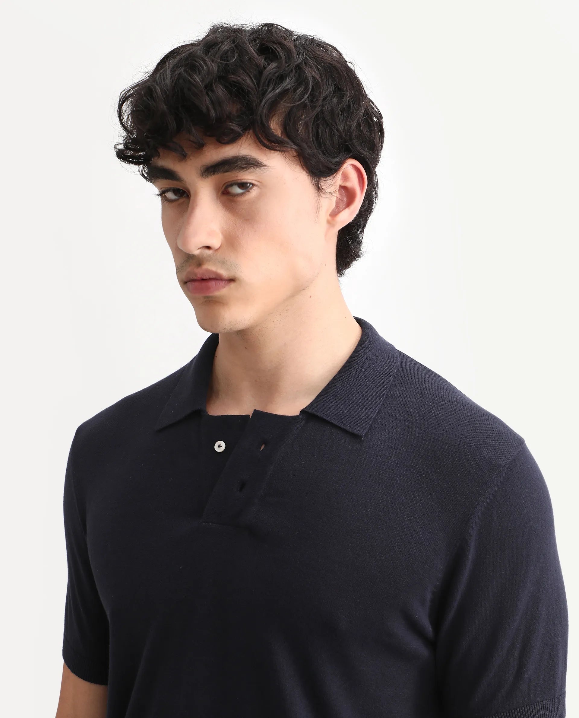 Rare Rabbit Men's Noah Navy Cotton Plain Slim Fit Half Sleeve Polo