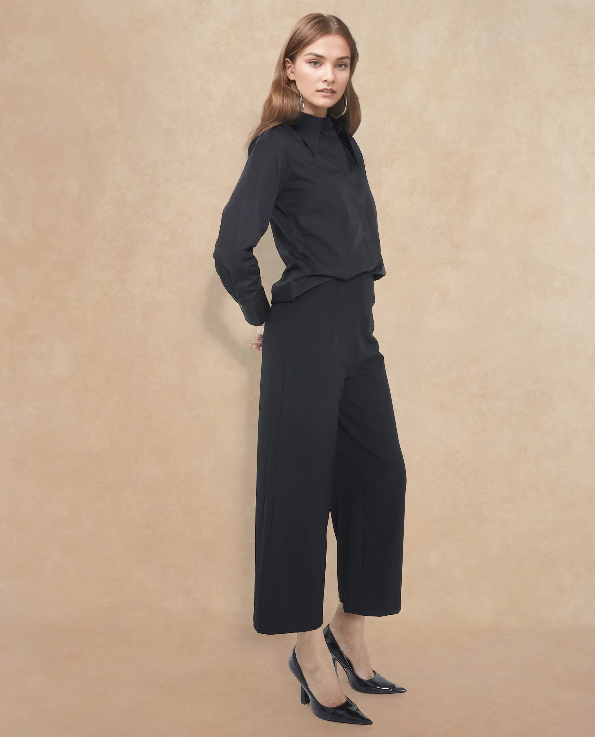 Rareism Women's Noahti Black Cotton Plain Ankle Length Wide Trouser