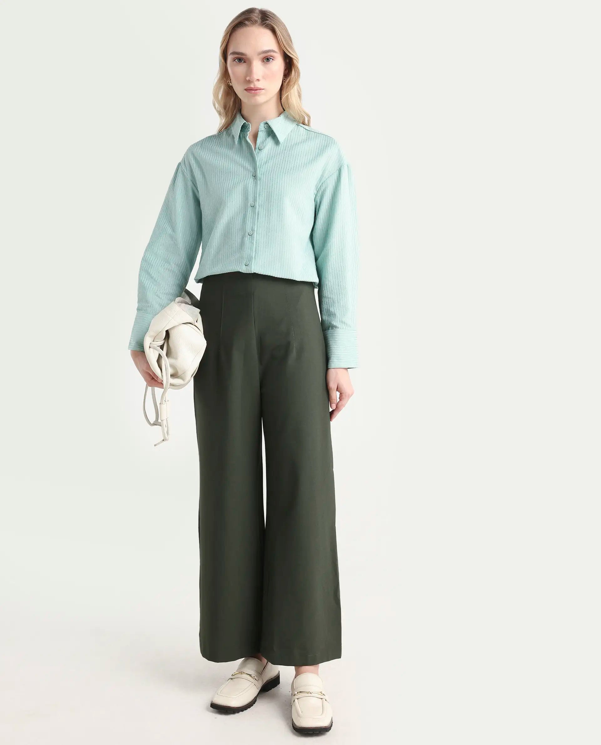 Rareism Women's Noahti Green Cotton Plain Ankle Length Wide Trouser