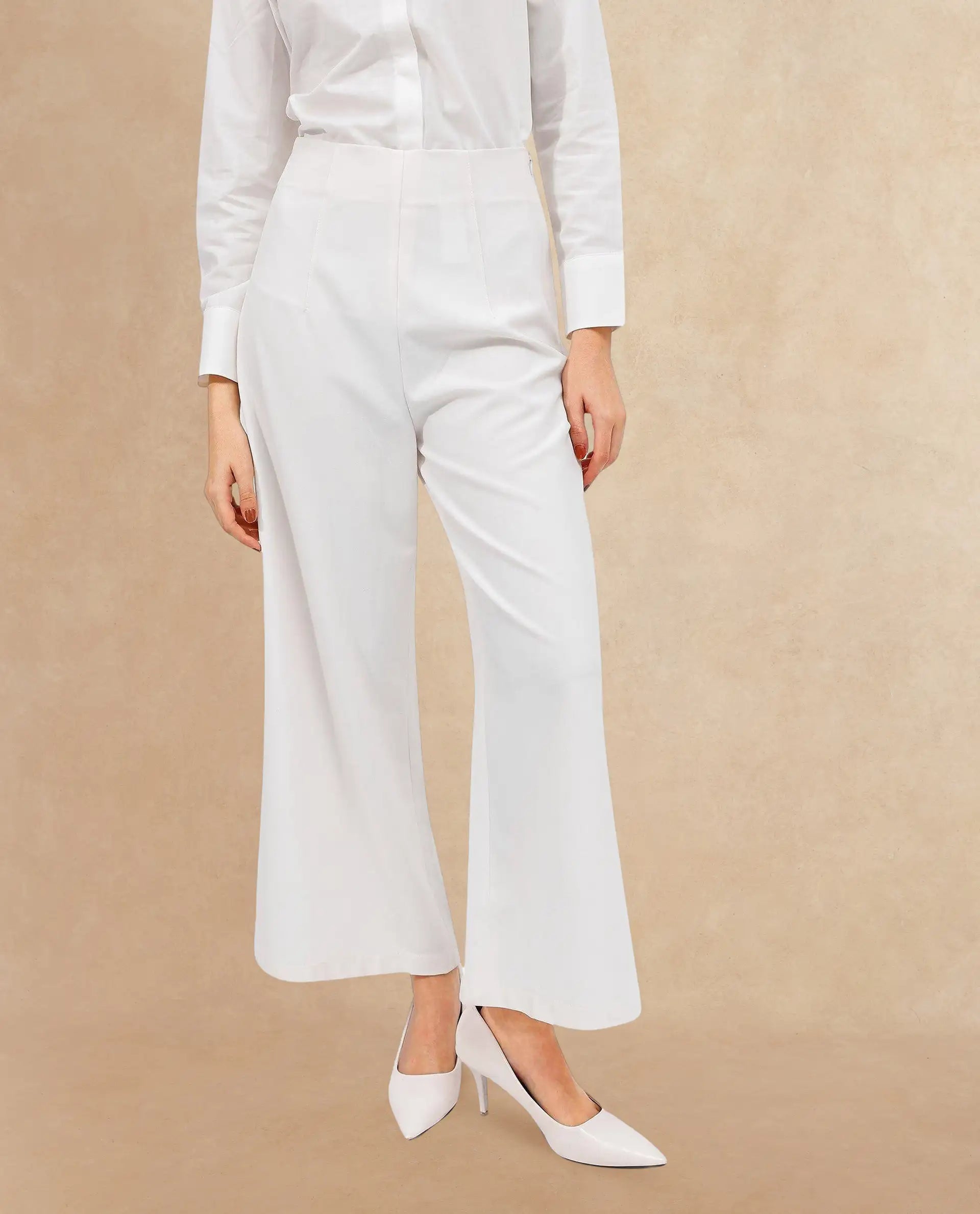 Rareism Women's Noahti White Cotton Plain Ankle Length Wide Trouser