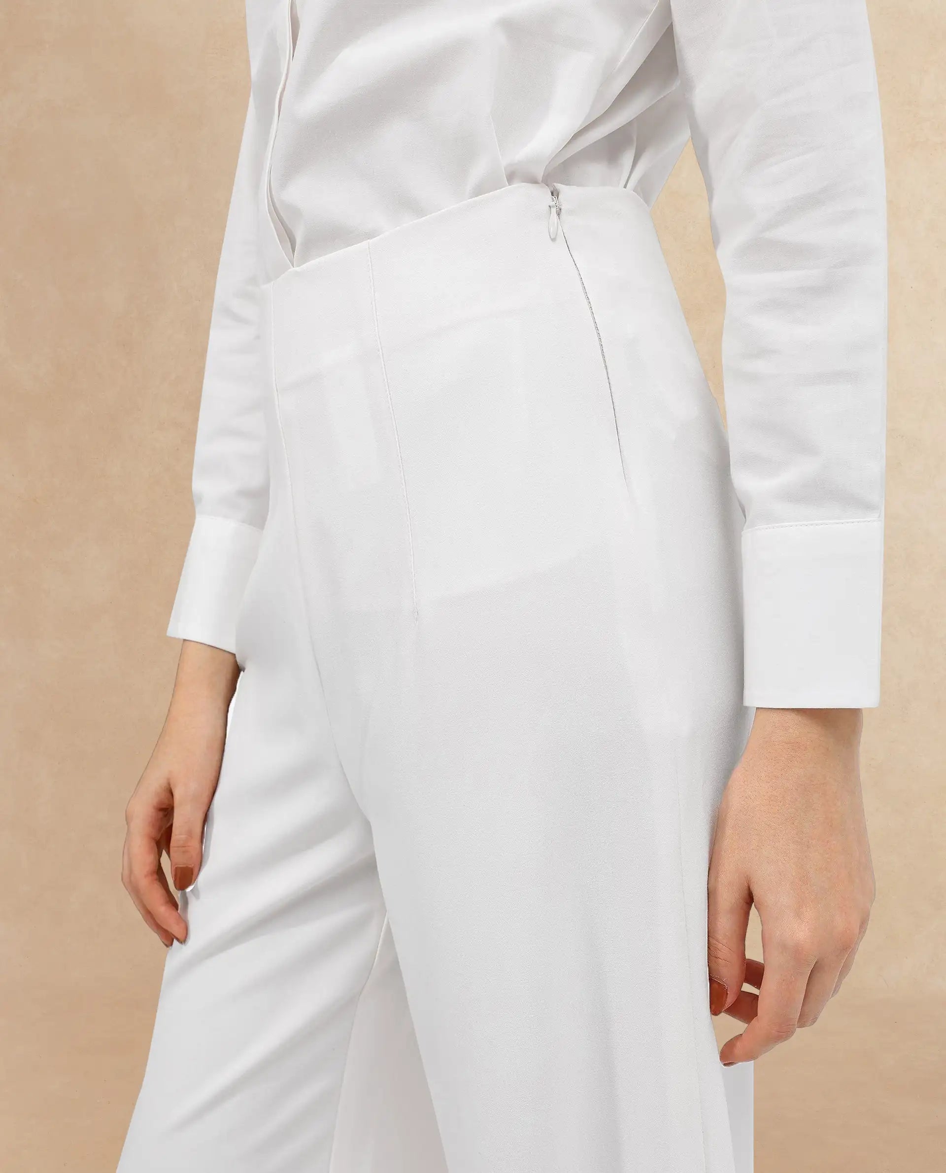 Rareism Women's Noahti White Cotton Plain Ankle Length Wide Trouser