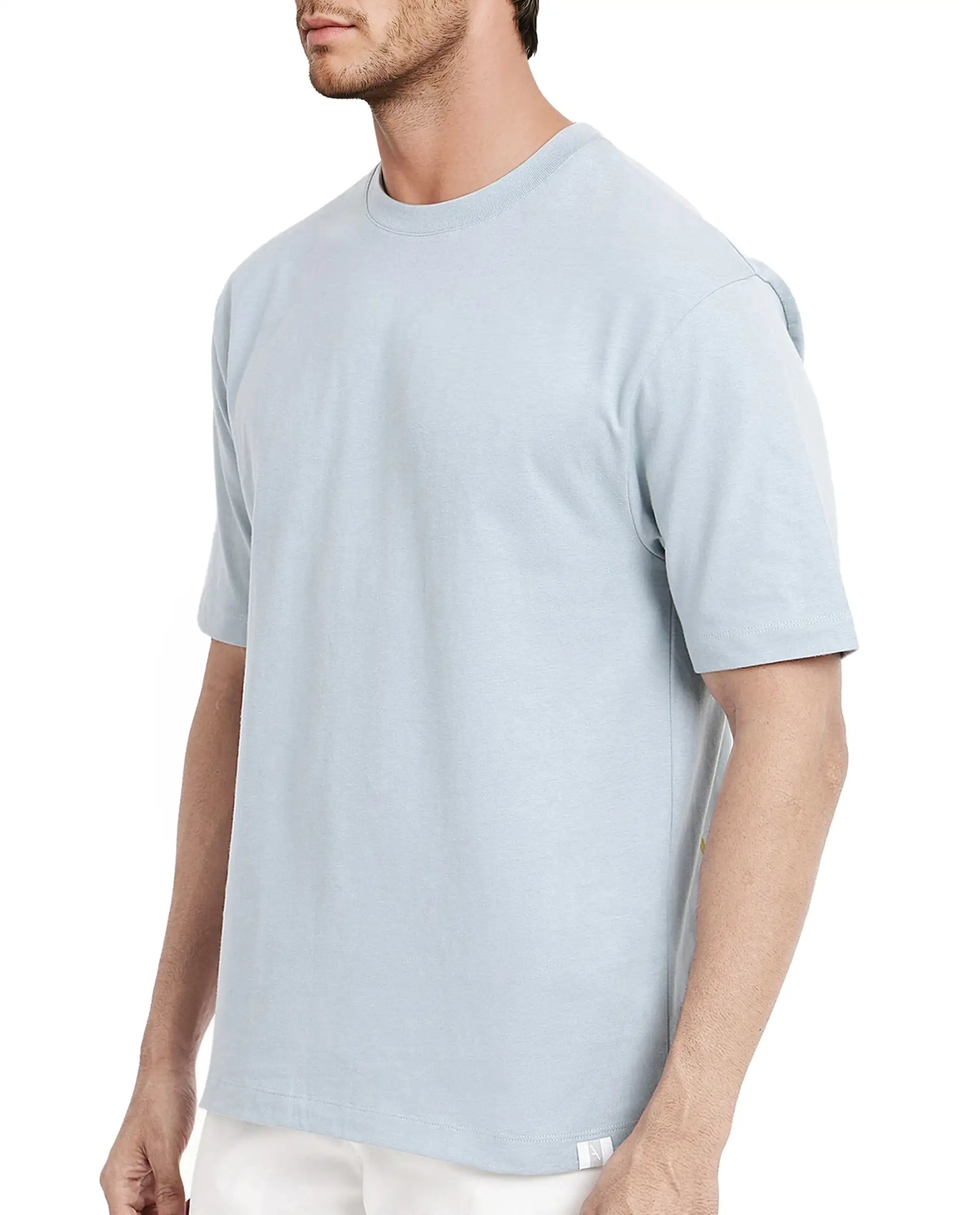 Rare Rabbit Men Noa Light Blue Cotton Fabric Short Sleeve Crew Neck Oversized Fit Graphic Back Print T-Shirt