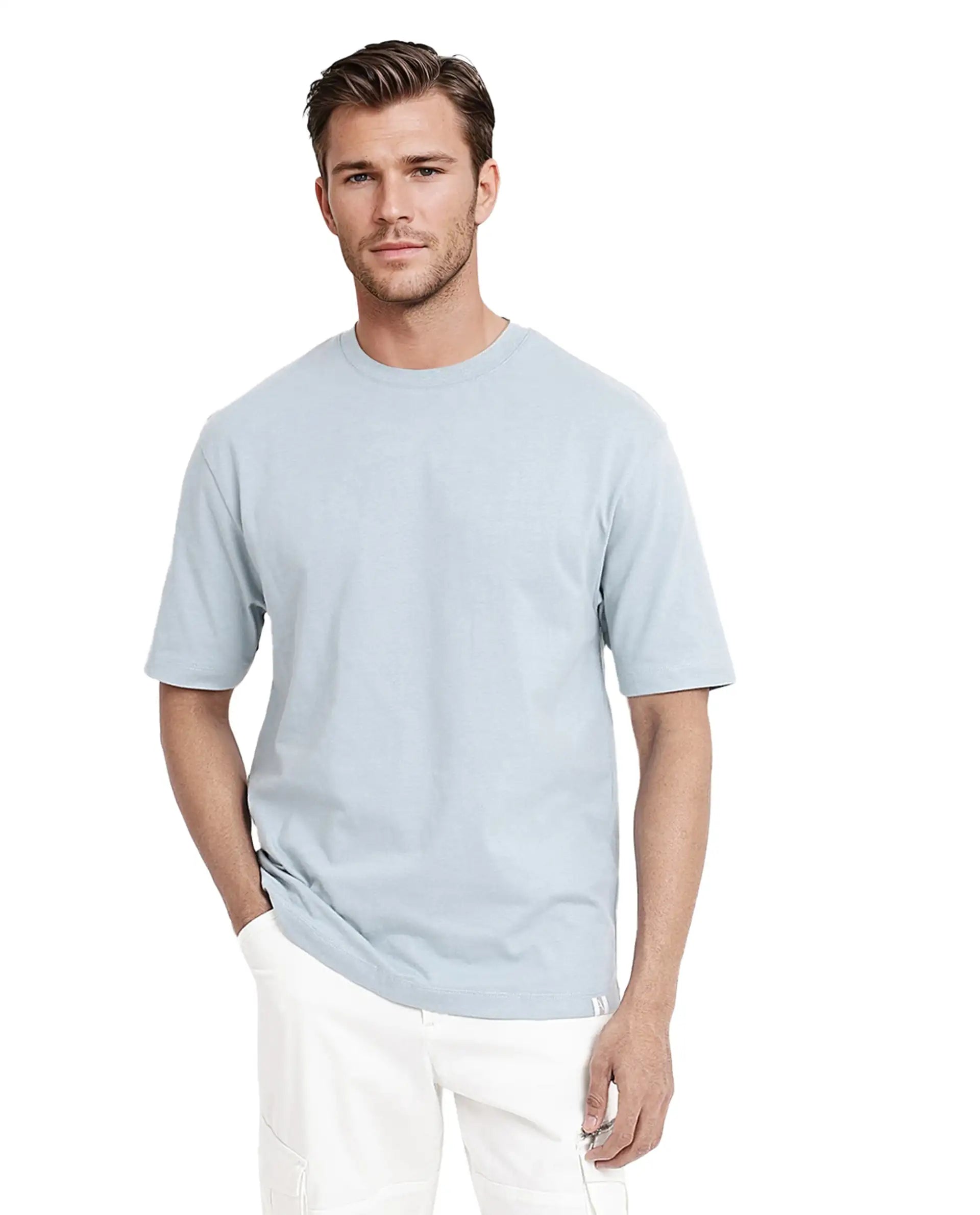 Rare Rabbit Men Noa Light Blue Cotton Fabric Short Sleeve Crew Neck Oversized Fit Graphic Back Print T-Shirt