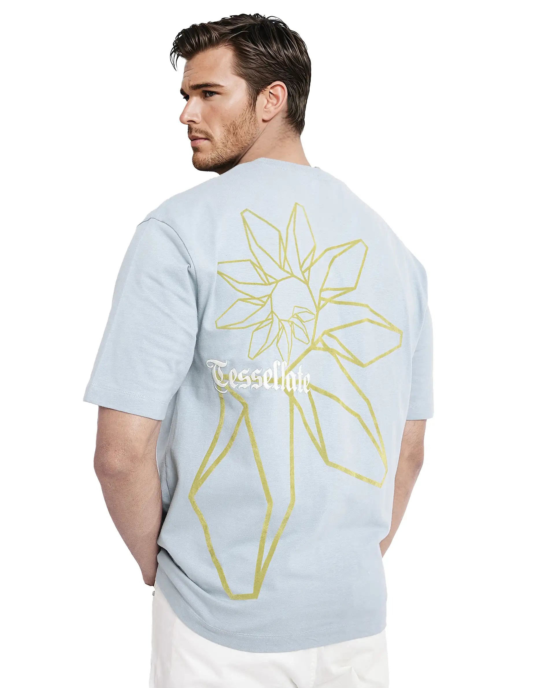 Rare Rabbit Men Noa Light Blue Cotton Fabric Short Sleeve Crew Neck Oversized Fit Graphic Back Print T-Shirt