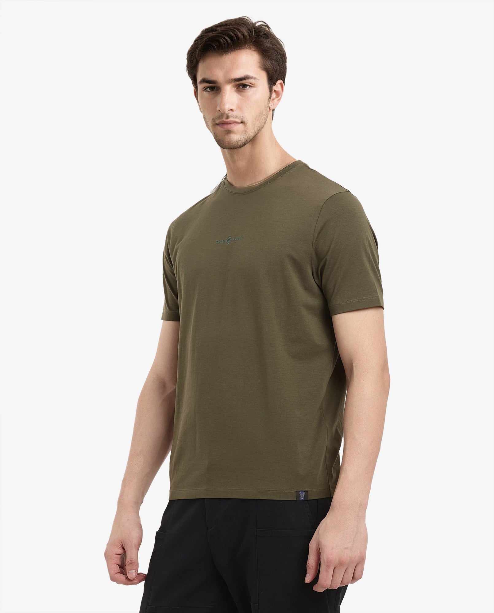 Rare Rabbit Men Noam Dusky Olive Cotton Lycra Fabric Short Sleeve Crew Neck Regular Fit Graphic Print T-Shirt