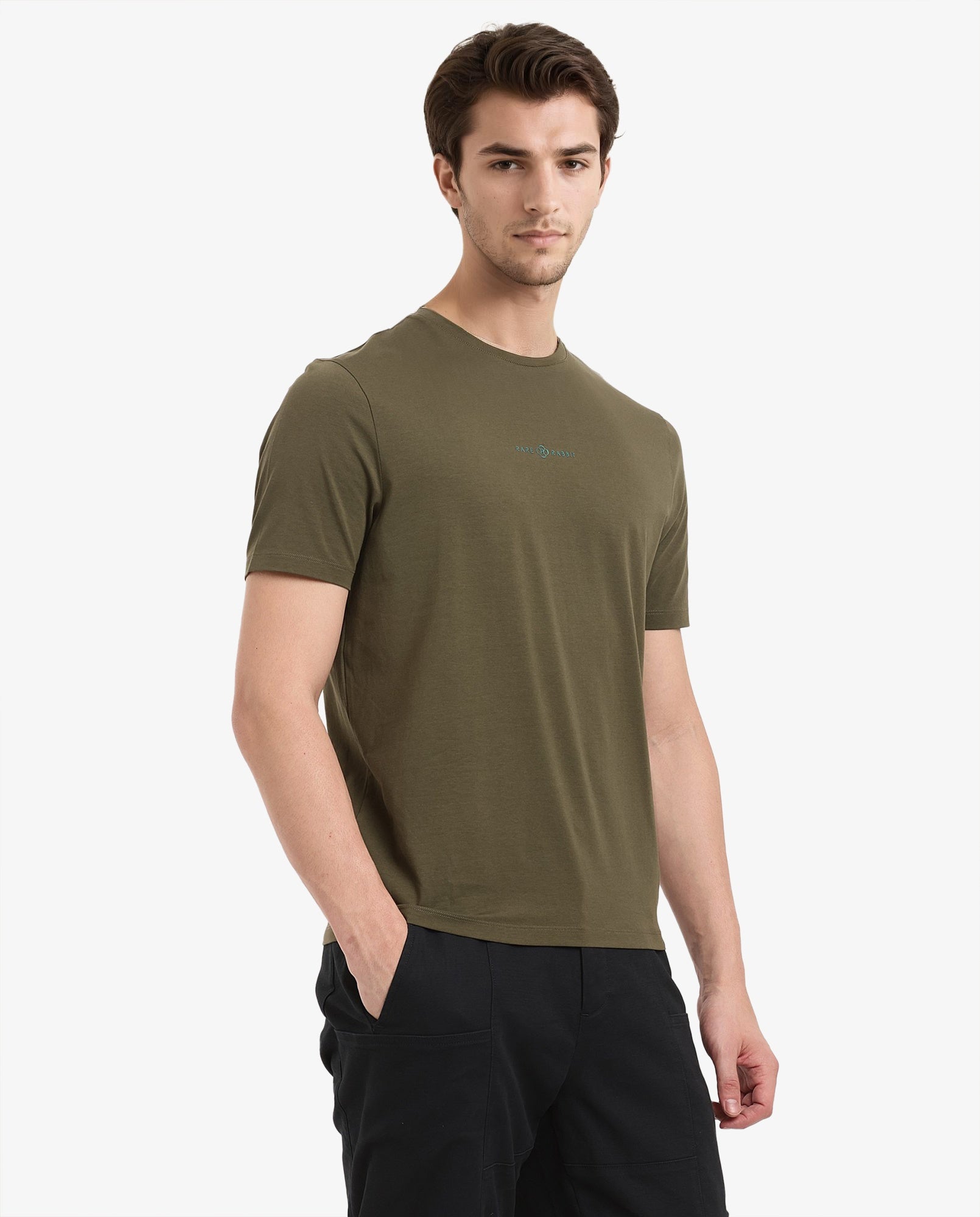 Rare Rabbit Men Noam Dusky Olive Cotton Lycra Fabric Short Sleeve Crew Neck Regular Fit Graphic Print T-Shirt