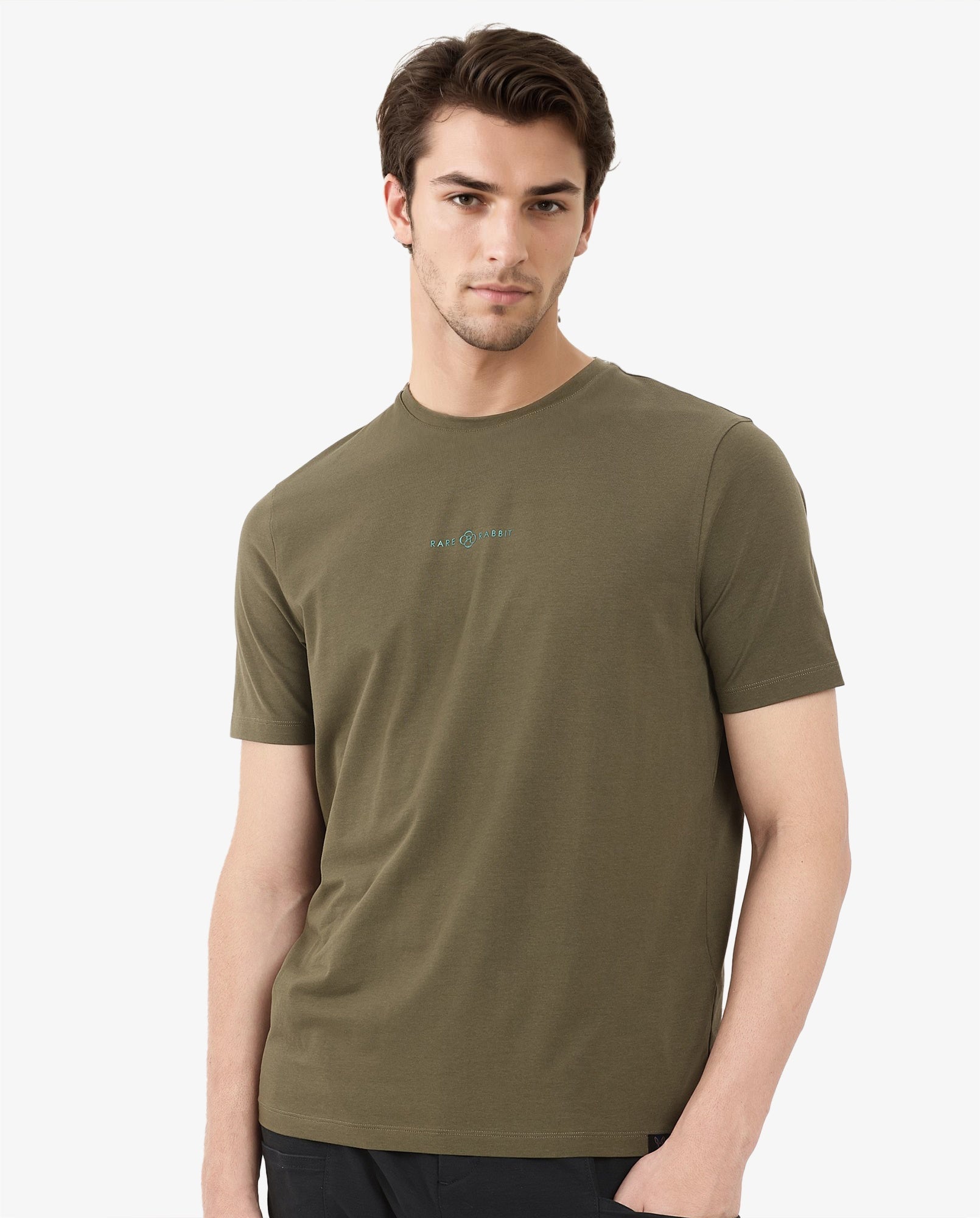Rare Rabbit Men Noam Dusky Olive Cotton Lycra Fabric Short Sleeve Crew Neck Regular Fit Graphic Print T-Shirt