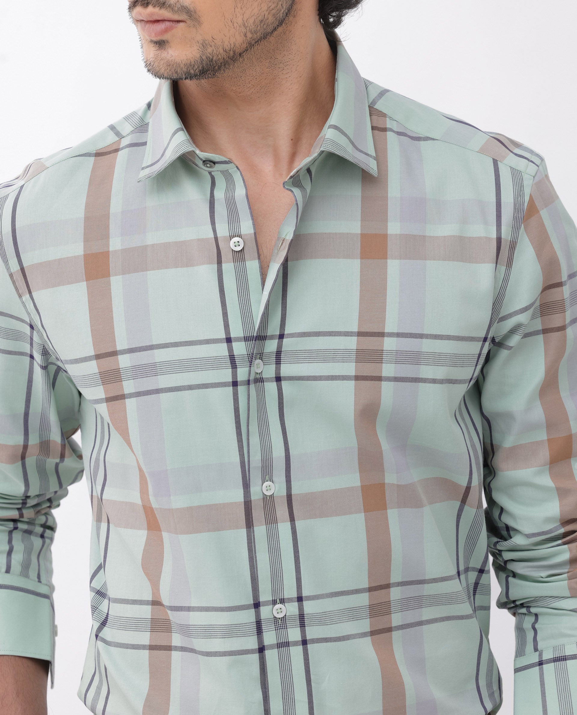 Rare Rabbit Mens Noan Dusky Green Full Sleeve Multicolor Windowpane Checks Shirt