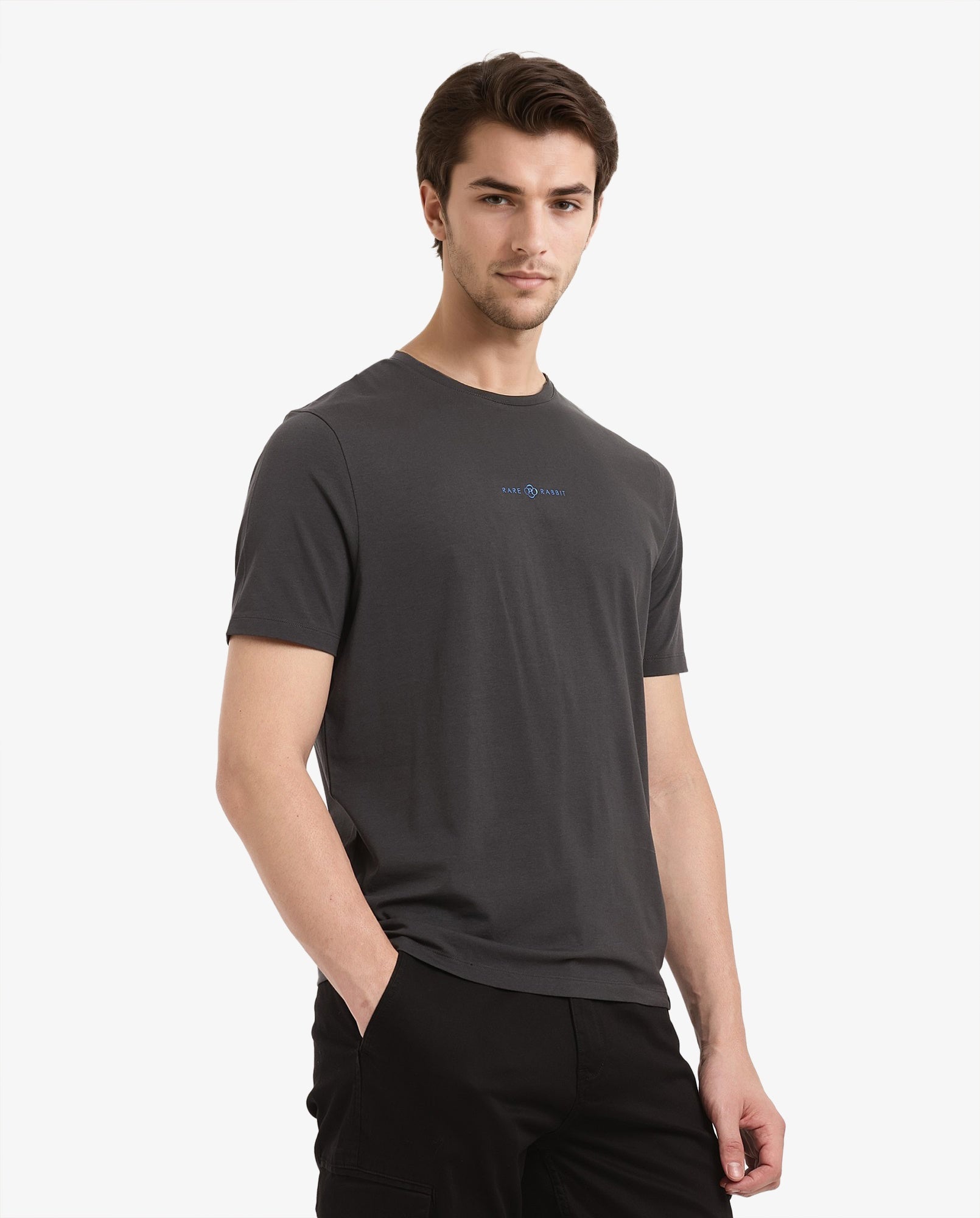Rare Rabbit Men Noam Dark Grey Cotton Lycra Fabric Short Sleeve Crew Neck Regular Fit Graphic Print T-Shirt