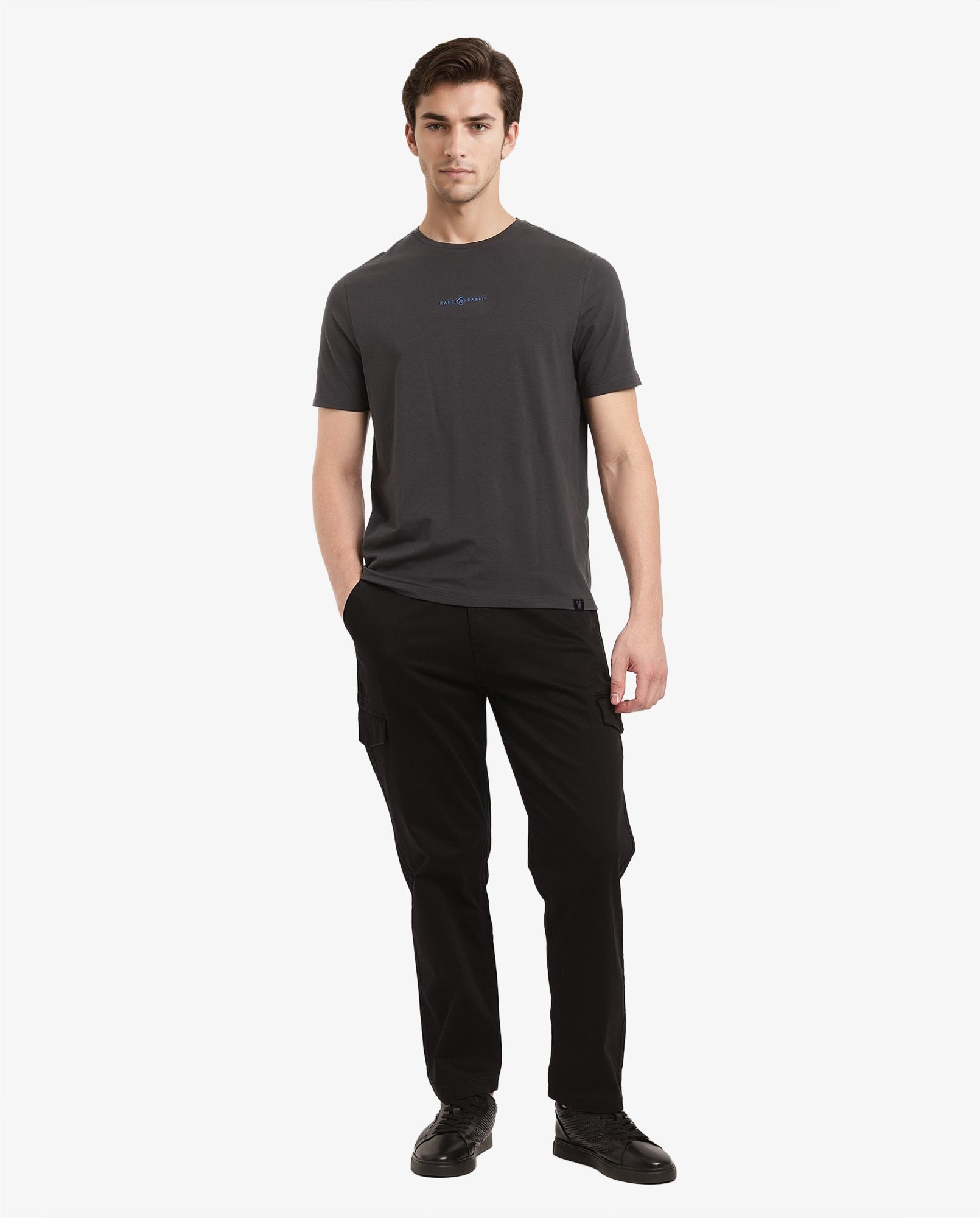 Rare Rabbit Men Noam Dark Grey Cotton Lycra Fabric Short Sleeve Crew Neck Regular Fit Graphic Print T-Shirt