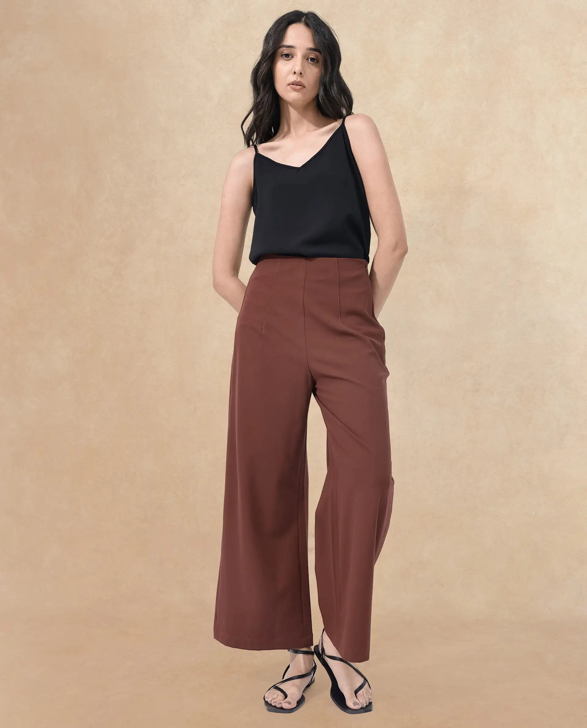 Rareism Women's Noahti Light Rust Cotton Plain Ankle Length Wide Trouser